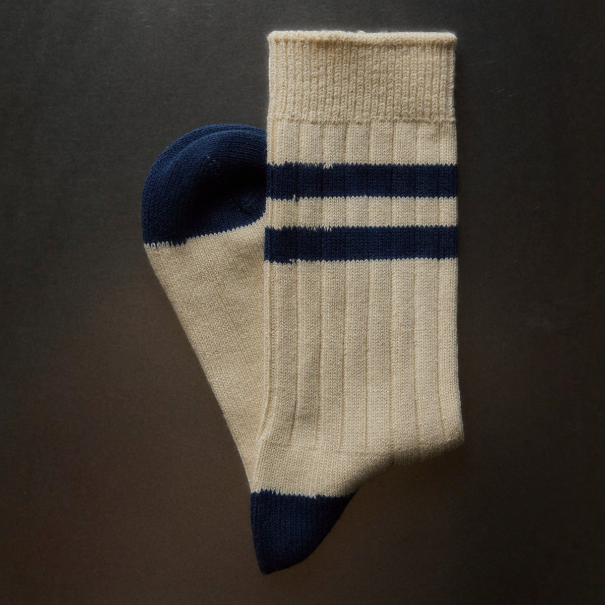 MILWORKS Racquet Club Collection ribbed cotton socks in cream with navy blue stripes, heel, and toe accents.