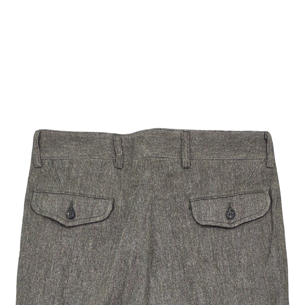 MILWORKS East Harbour Surplus grey herringbone double pleated pants with buttoned back pockets, made in Italy.