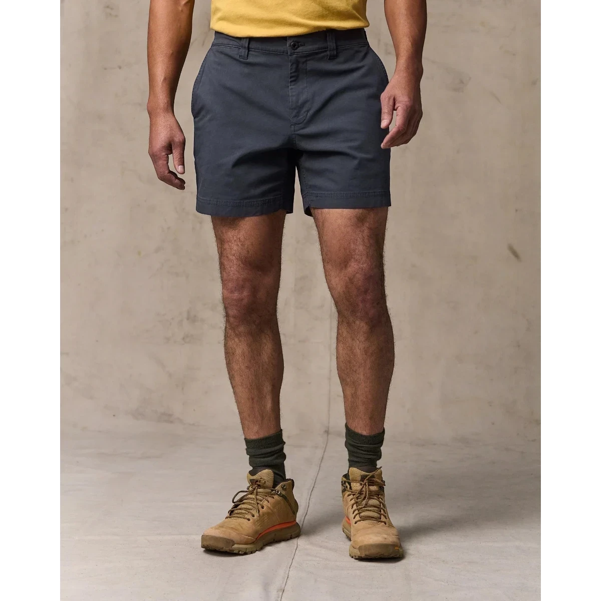 MILWORK Granite Mountain 6" Ink Blue cotton-blend shorts with zippered fly, metal button, and multiple pockets.