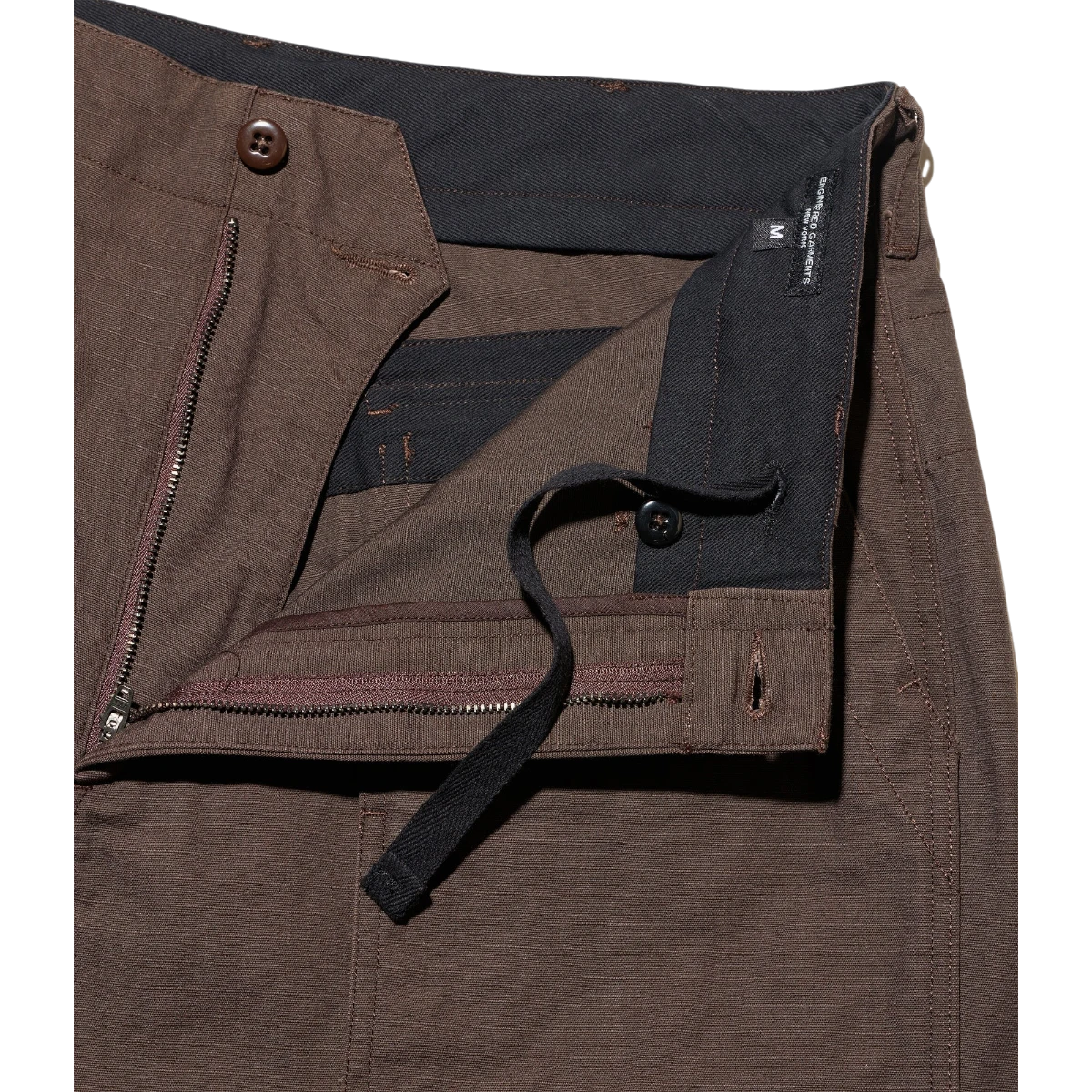 EG dark brown heavyweight cotton ripstop fatigue pants featuring a zippered fly and internal drawstring