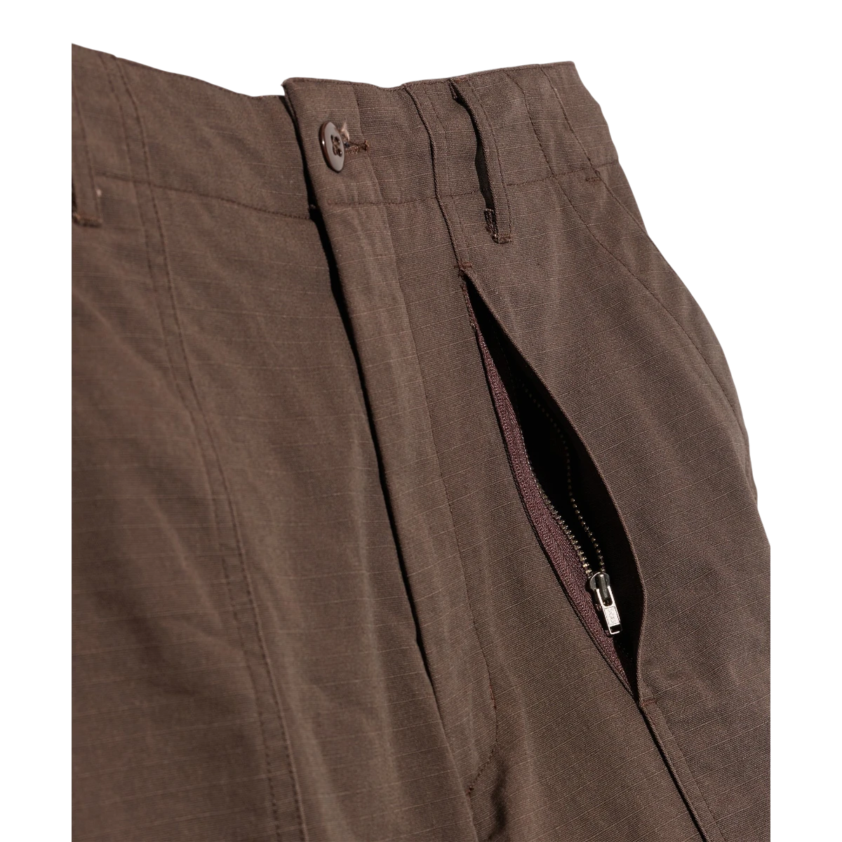 EG dark brown fatigue pants in heavyweight cotton ripstop fabric with a zippered pocket detail