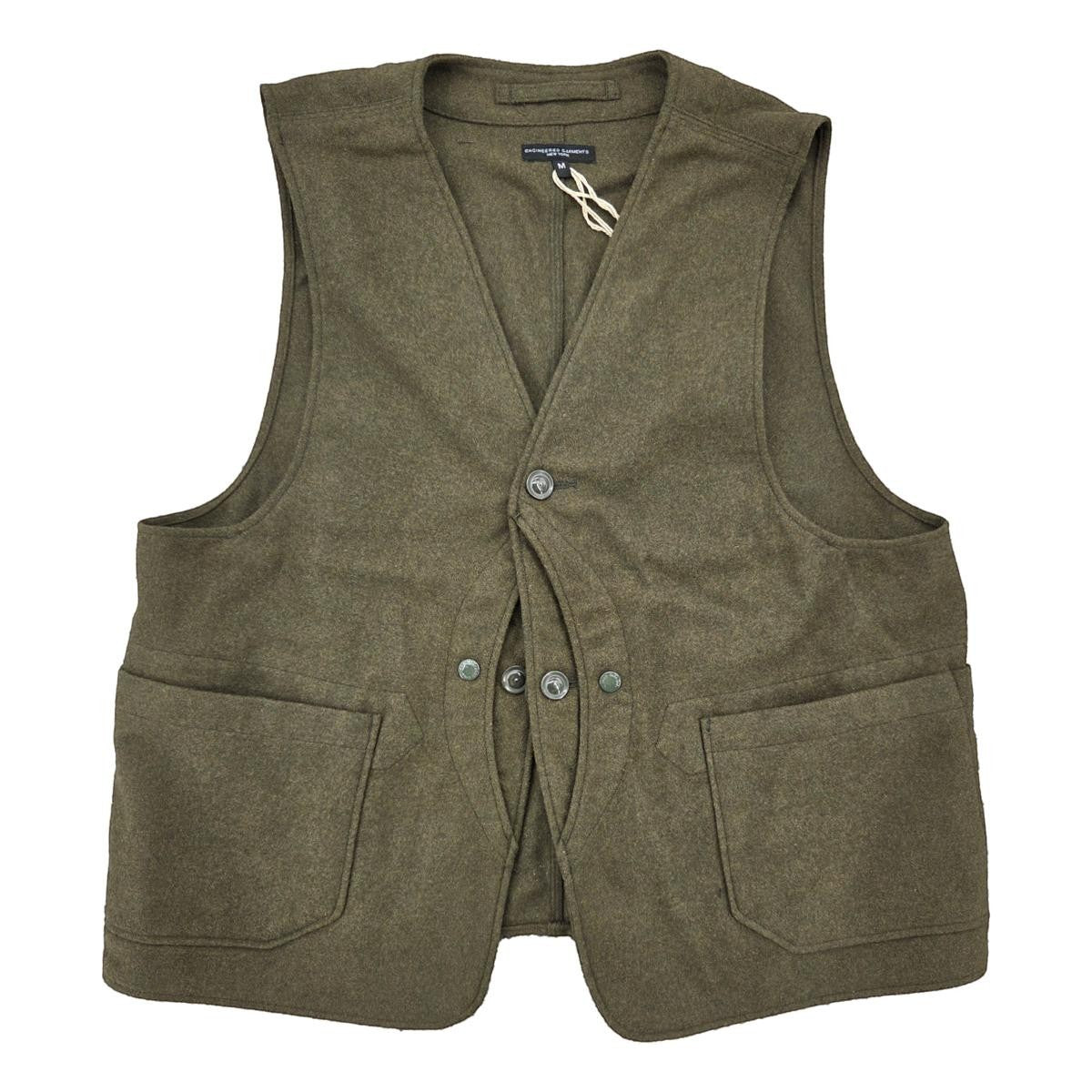 EG olive poly wool heavy flannel Upland vest featuring a button-front closure and two large front pockets.