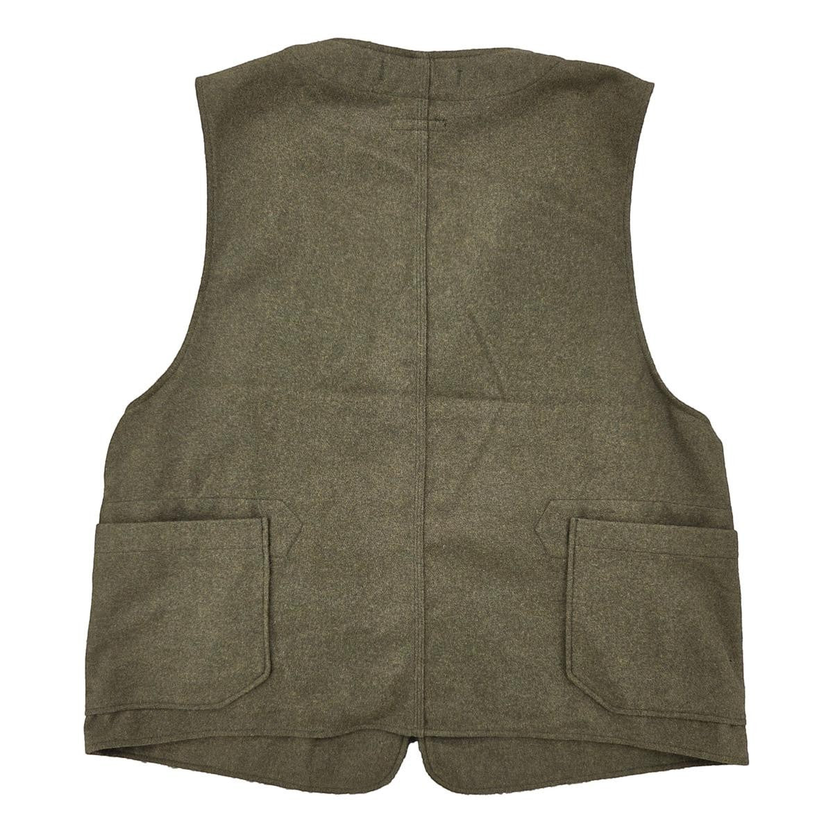 Back view of EG olive poly wool heavy flannel upland vest with two large patch pockets