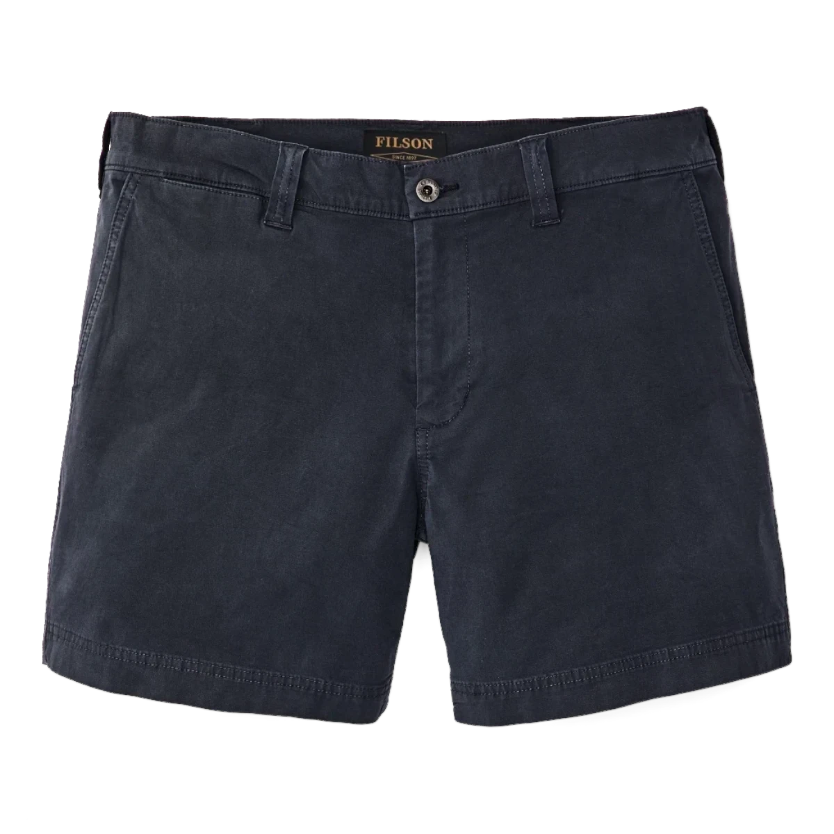 MILWORK Granite Mountain 6" ink blue cotton-blend shorts with zippered fly, metal button, and multiple pockets.