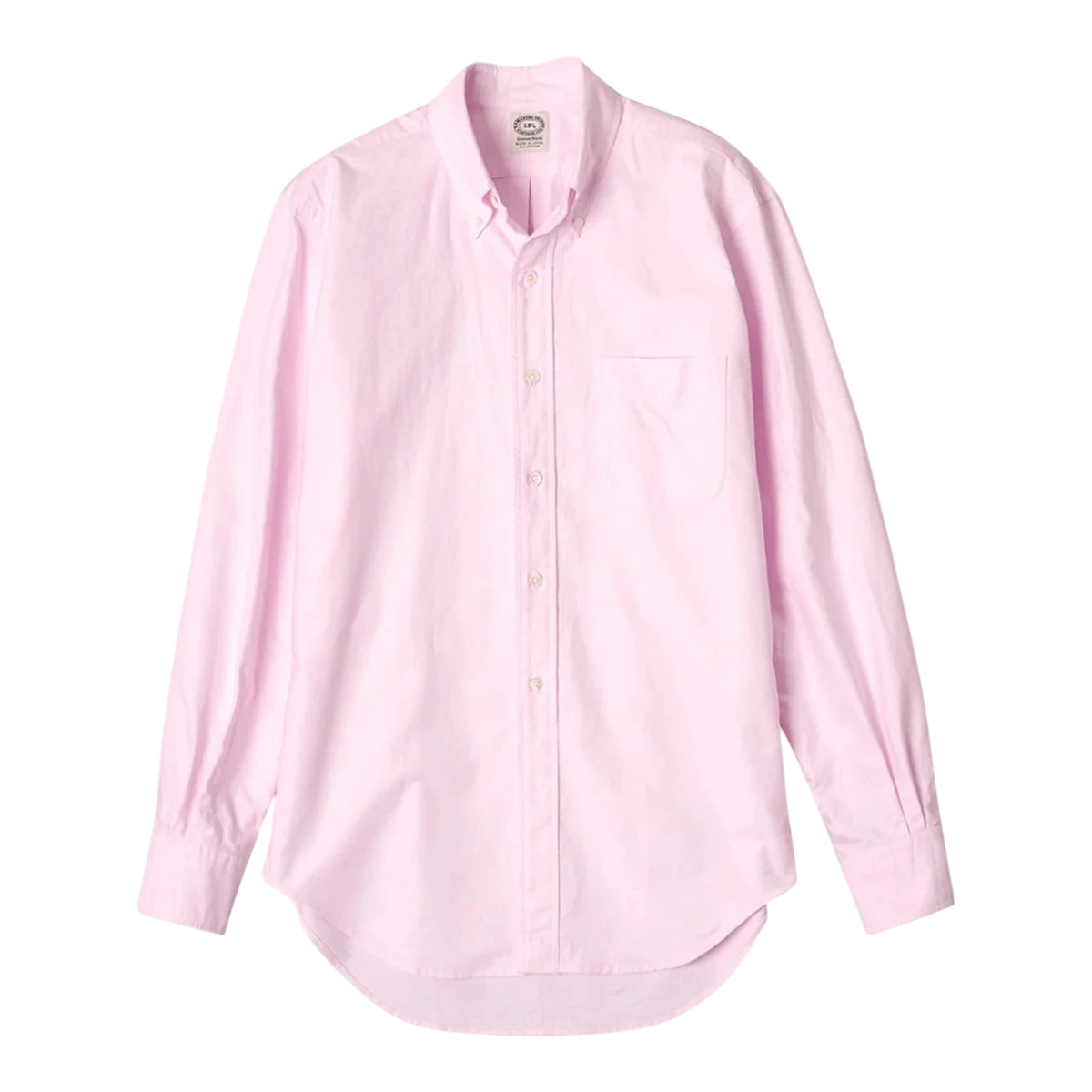 Kamakura pink cotton oxford button-down shirt with chest pocket, long sleeves, and shell buttons, made in Japan.