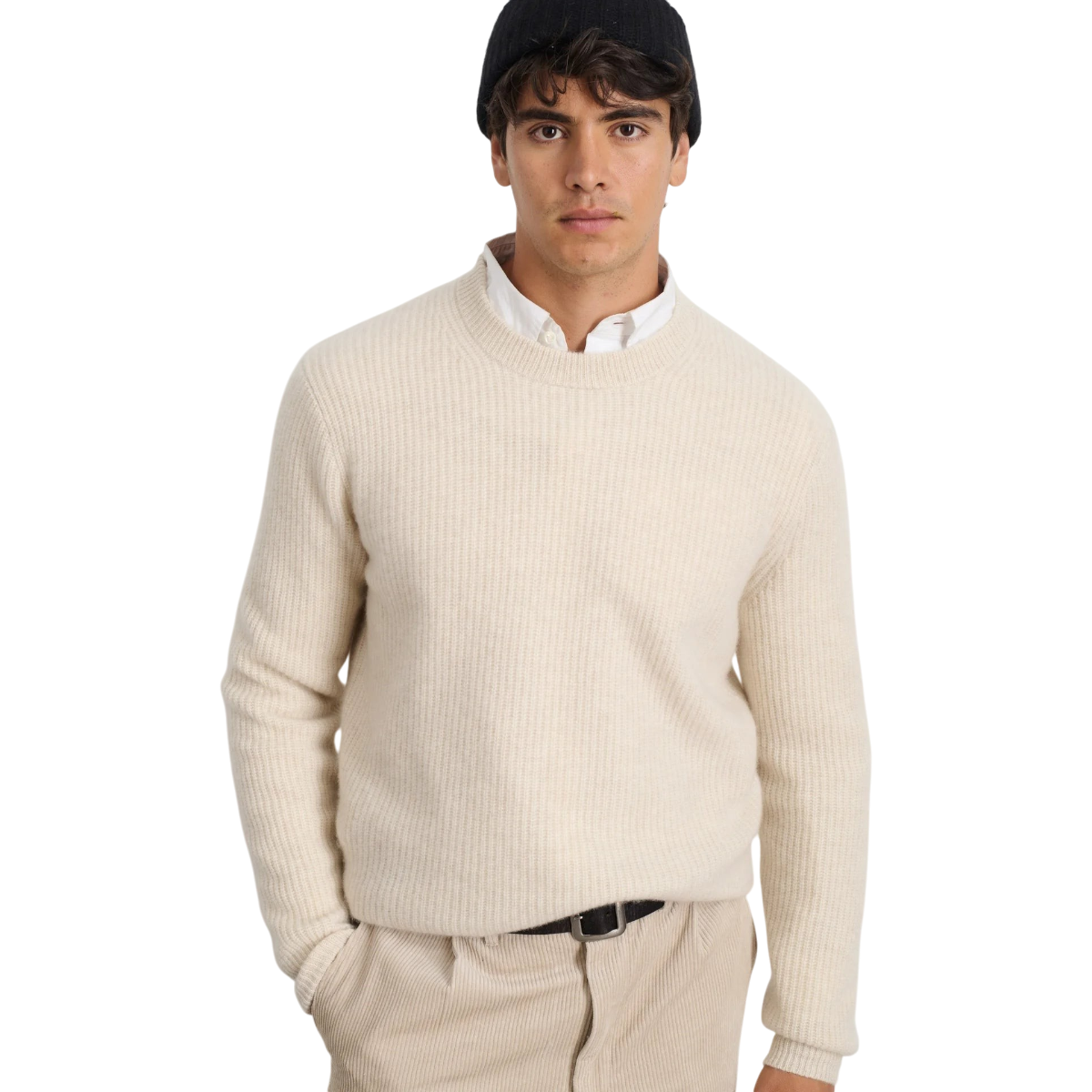 MILWORKS Jordan crewneck sweater in heather ecru washed cashmere worn by a man with a black beanie