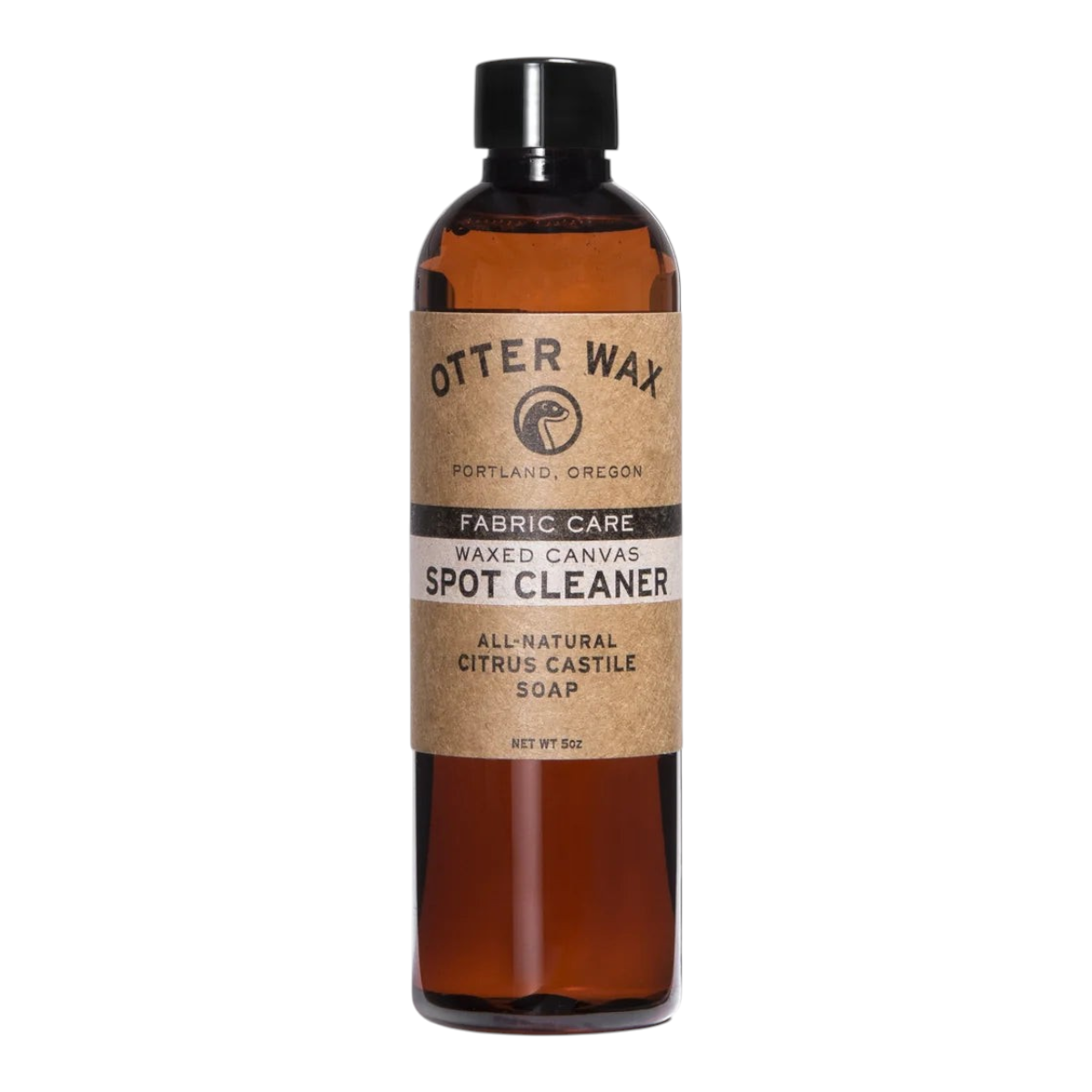 MILWORKS Otter Wax citrus castile soap spot cleaner for waxed canvas and oilcloth fabrics in a brown bottle.