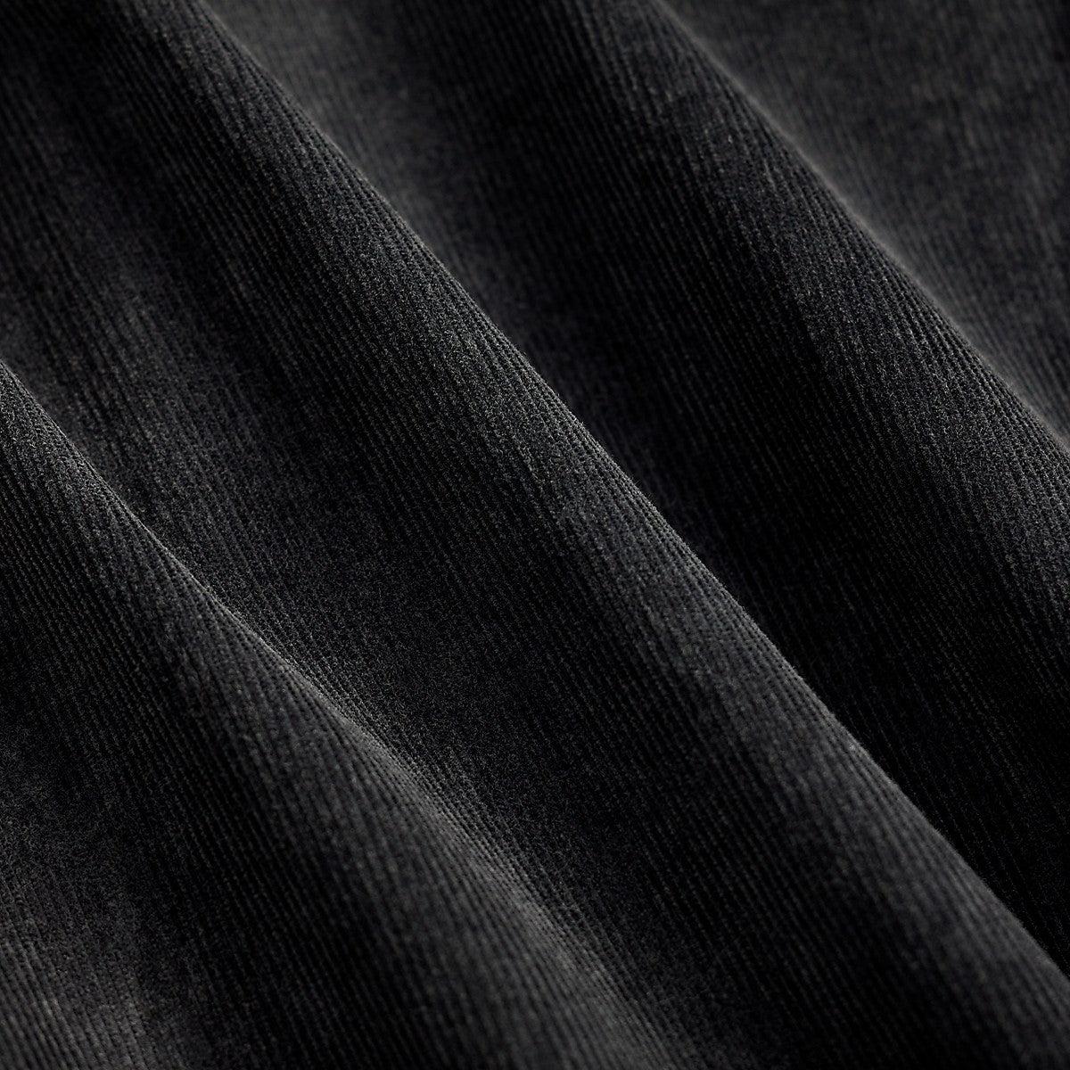 Close-up of black cotton corduroy fabric from RRL featuring a fine ribbed texture.