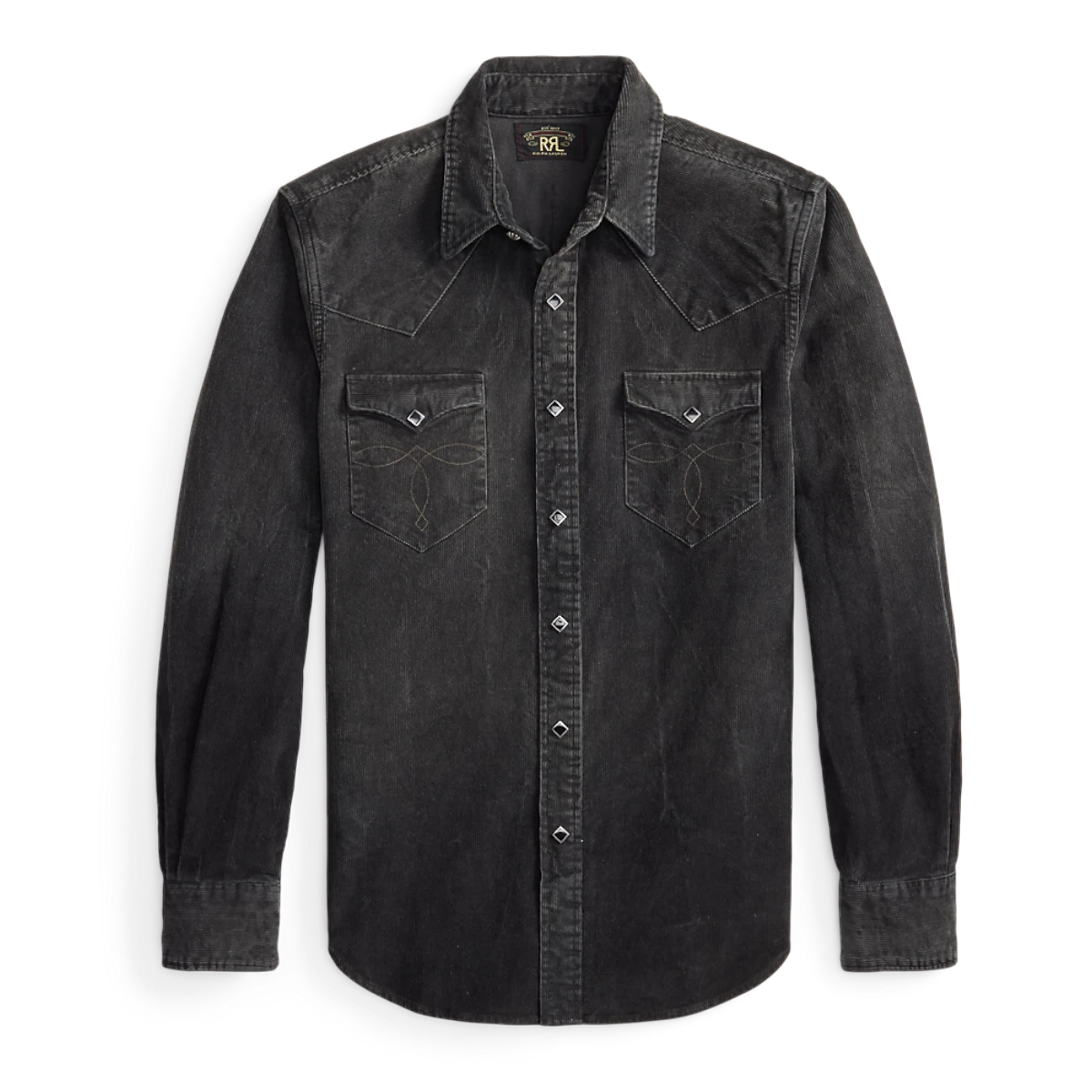 RRL black slim fit cotton corduroy Western shirt with diamond-shaped snaps and decorative pocket stitching.
