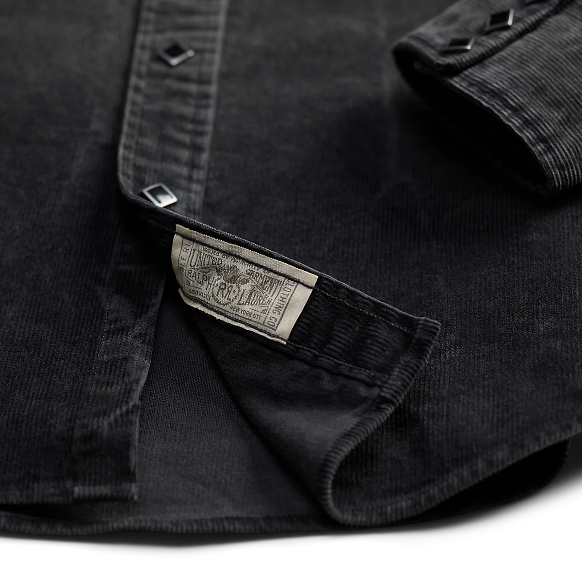 RRL black cotton corduroy Western shirt featuring diamond-shaped snaps and a vintage-inspired interior label