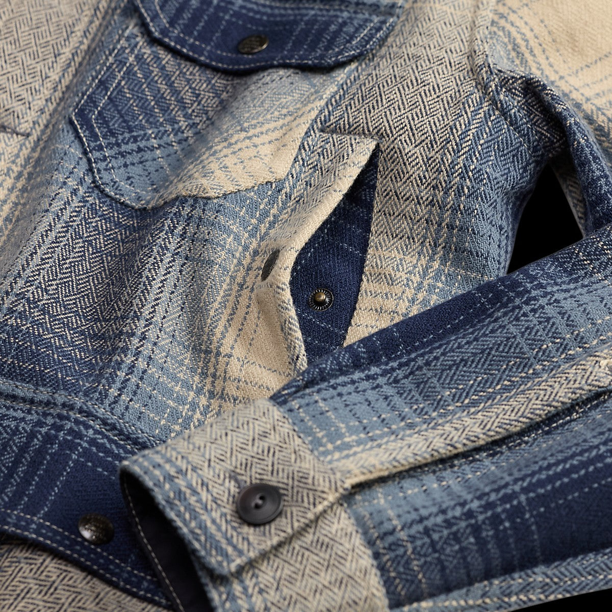 RRL blue and cream plaid wool twill overshirt featuring a vintage shadow-plaid pattern and metal snap buttons.