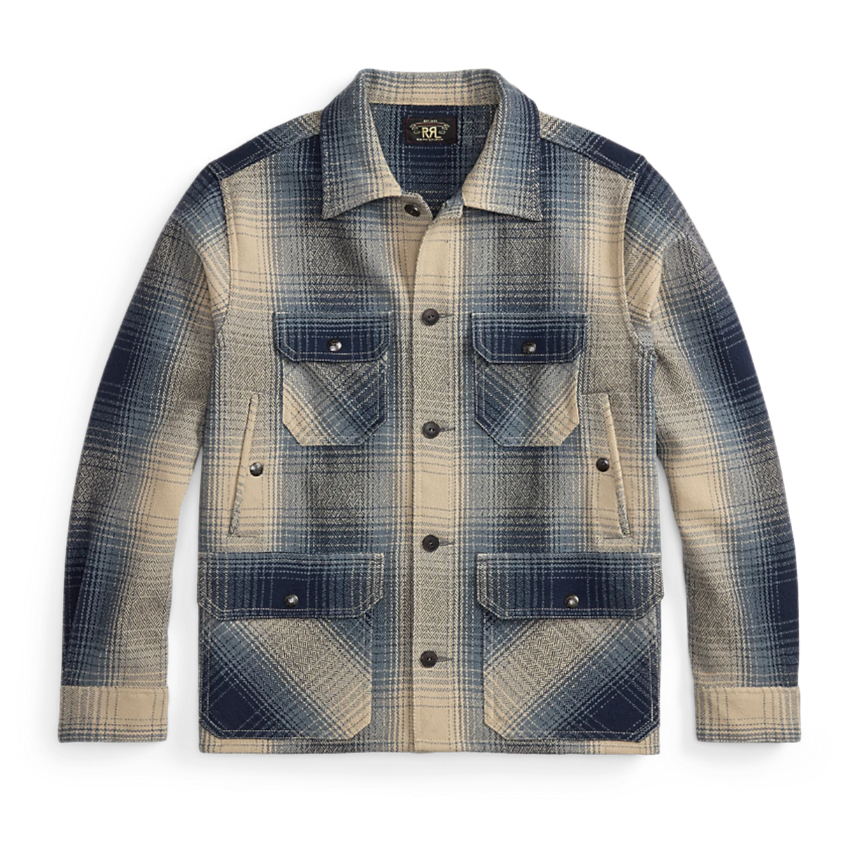 RRL blue and cream plaid wool twill overshirt with chest and hand-warmer pockets and vintage-inspired corozo buttons.