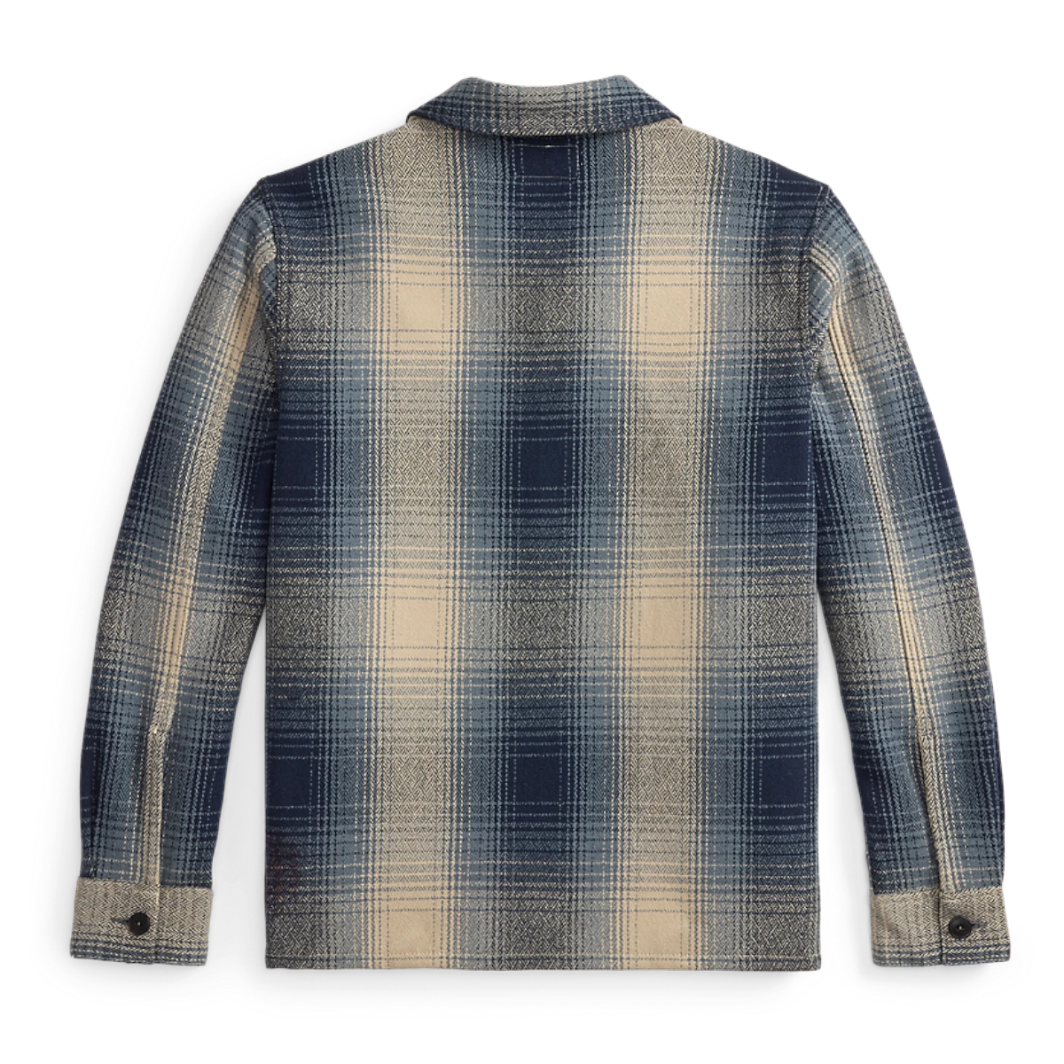 RRL plaid wool twill overshirt in blue and cream with a vintage-inspired shadow-plaid pattern, back view.