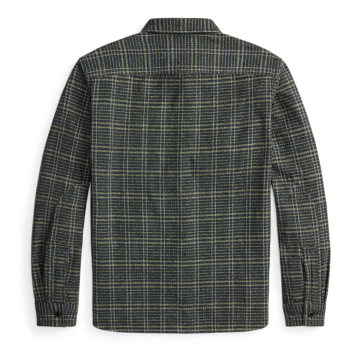 Back view of aRRL plaid woven workshirt in blue and green 100% cotton with long sleeves.
