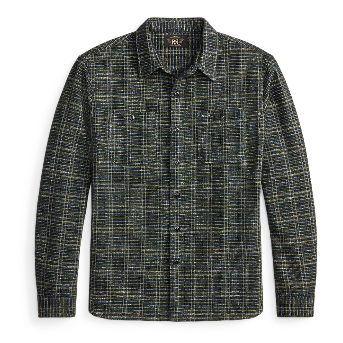 RRL Double RL blue and green plaid cotton workshirt with buttoned chest pockets and a straight collar.