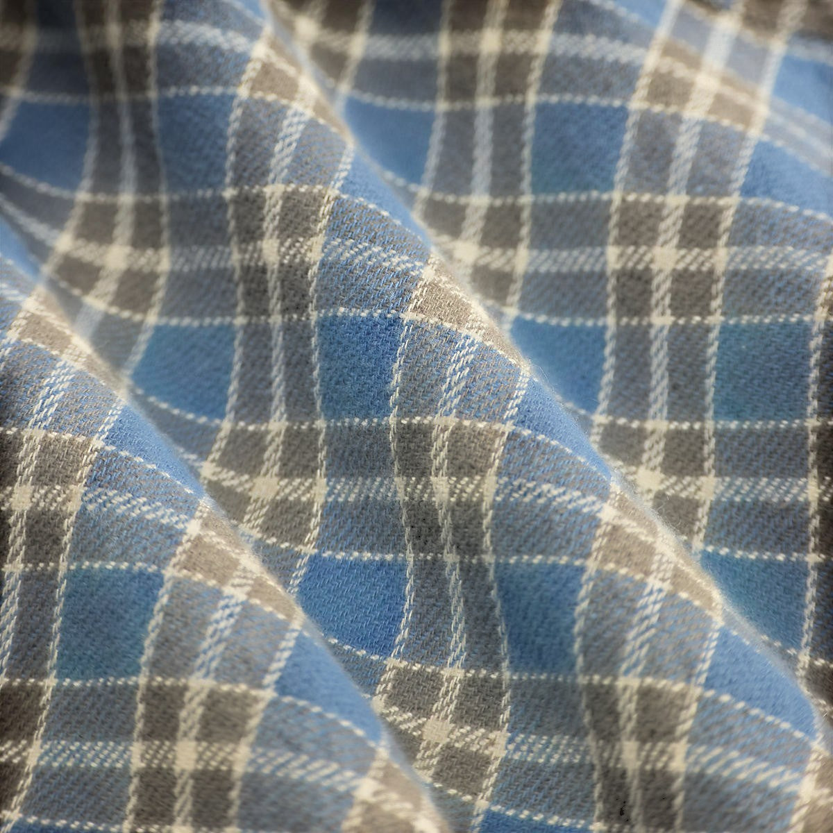 RRL blue and grey yarn-dyed plaid heavyweight cotton twill fabric with a soft brushed finish
