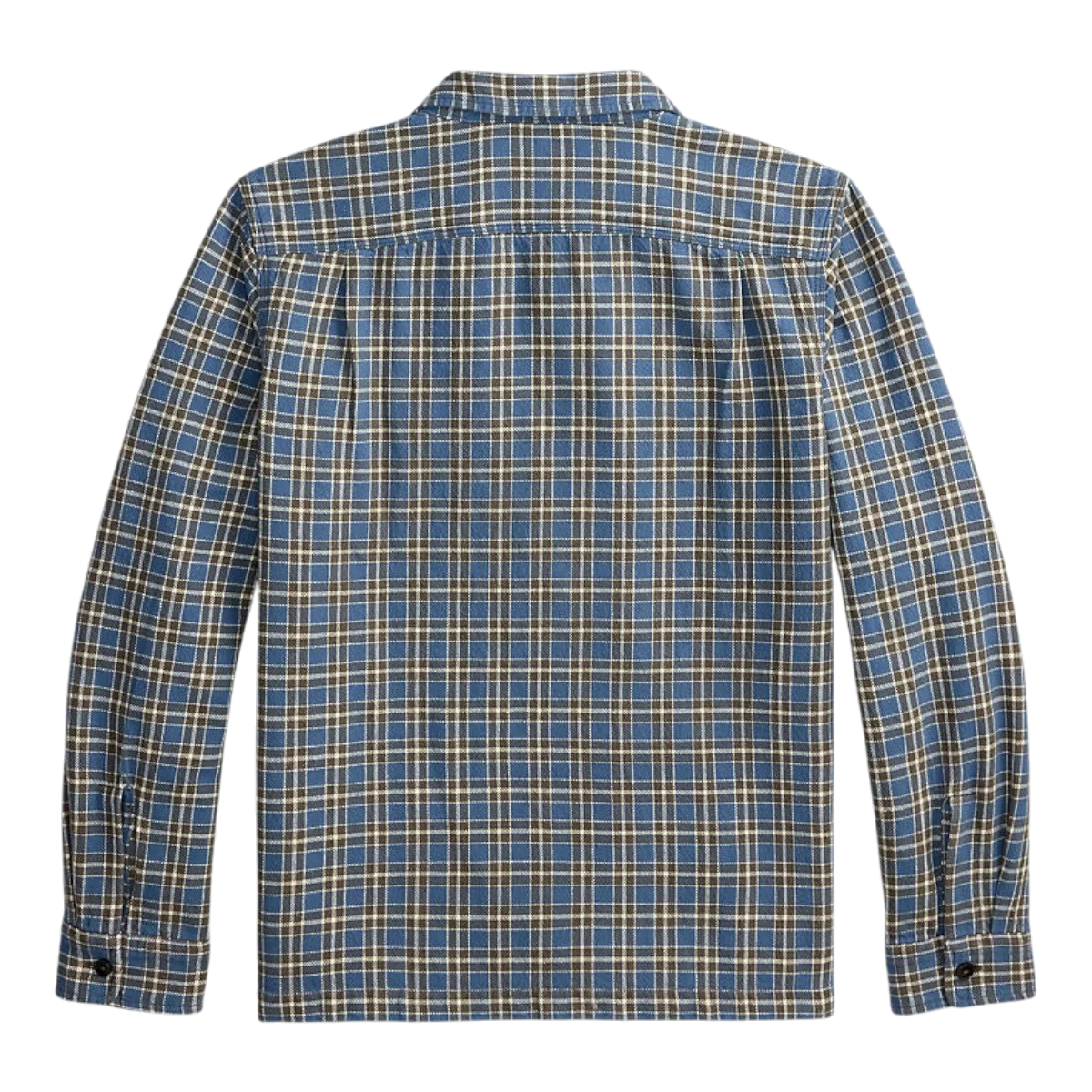 RRL blue and grey plaid heavyweight cotton twill camp shirt, back view showing straight hem and long sleeves.