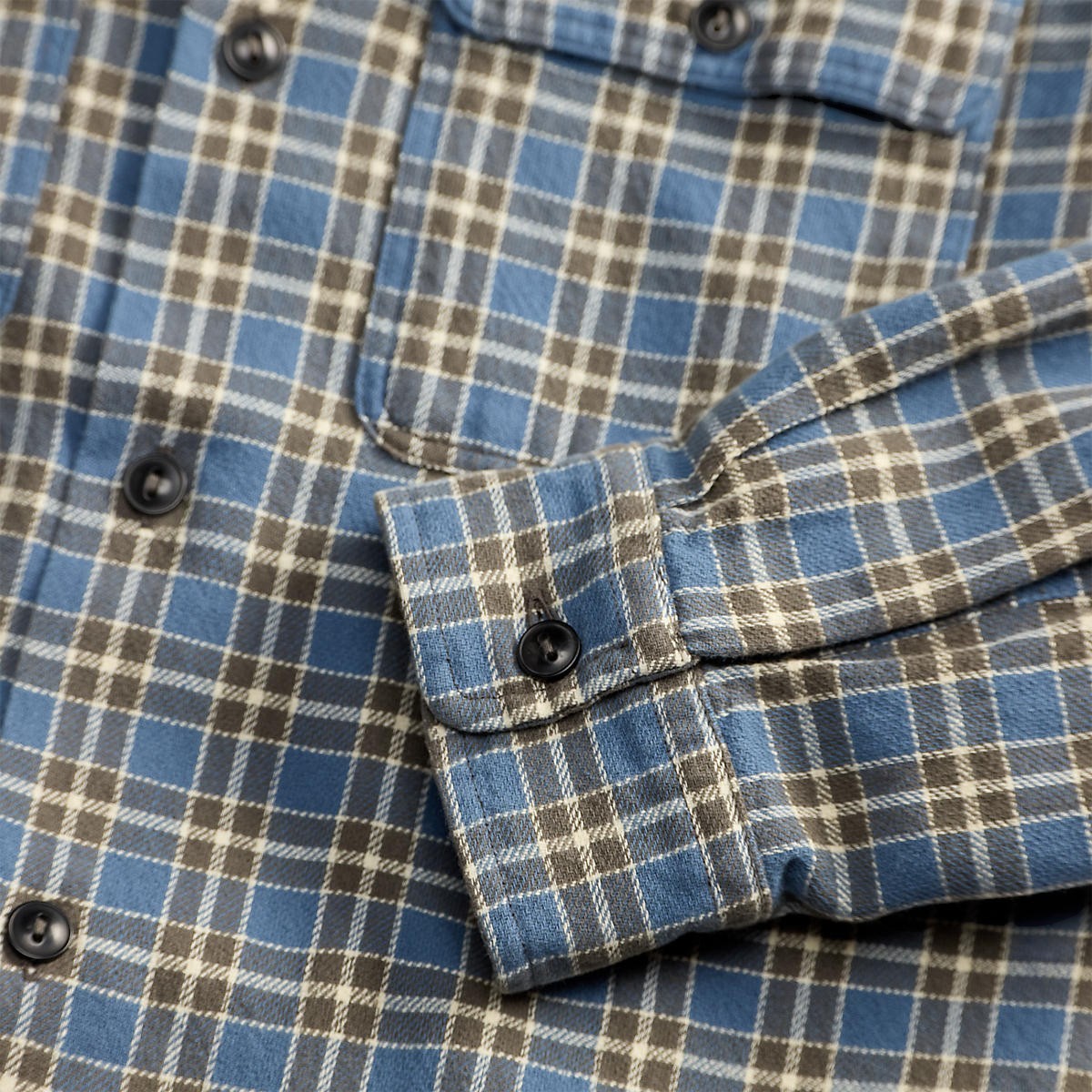 RRL blue and grey yarn-dyed plaid heavyweight cotton twill camp shirt with buttoned barrel cuffs and chest pocket