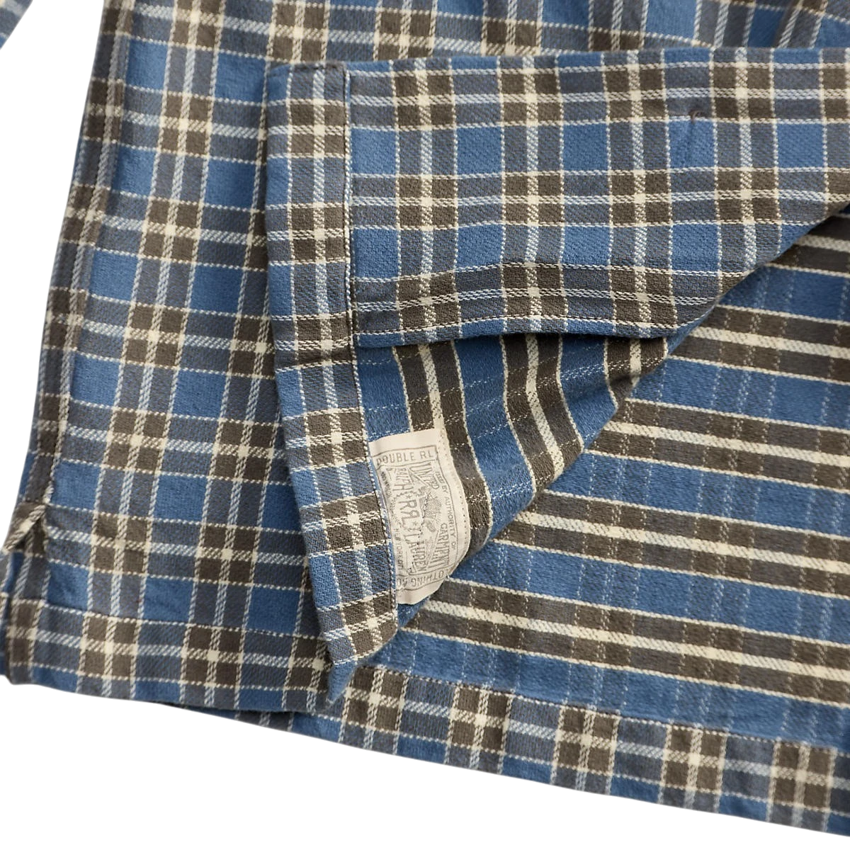 RRL blue and grey yarn-dyed plaid heavyweight cotton twill camp shirt with interior brand label detail