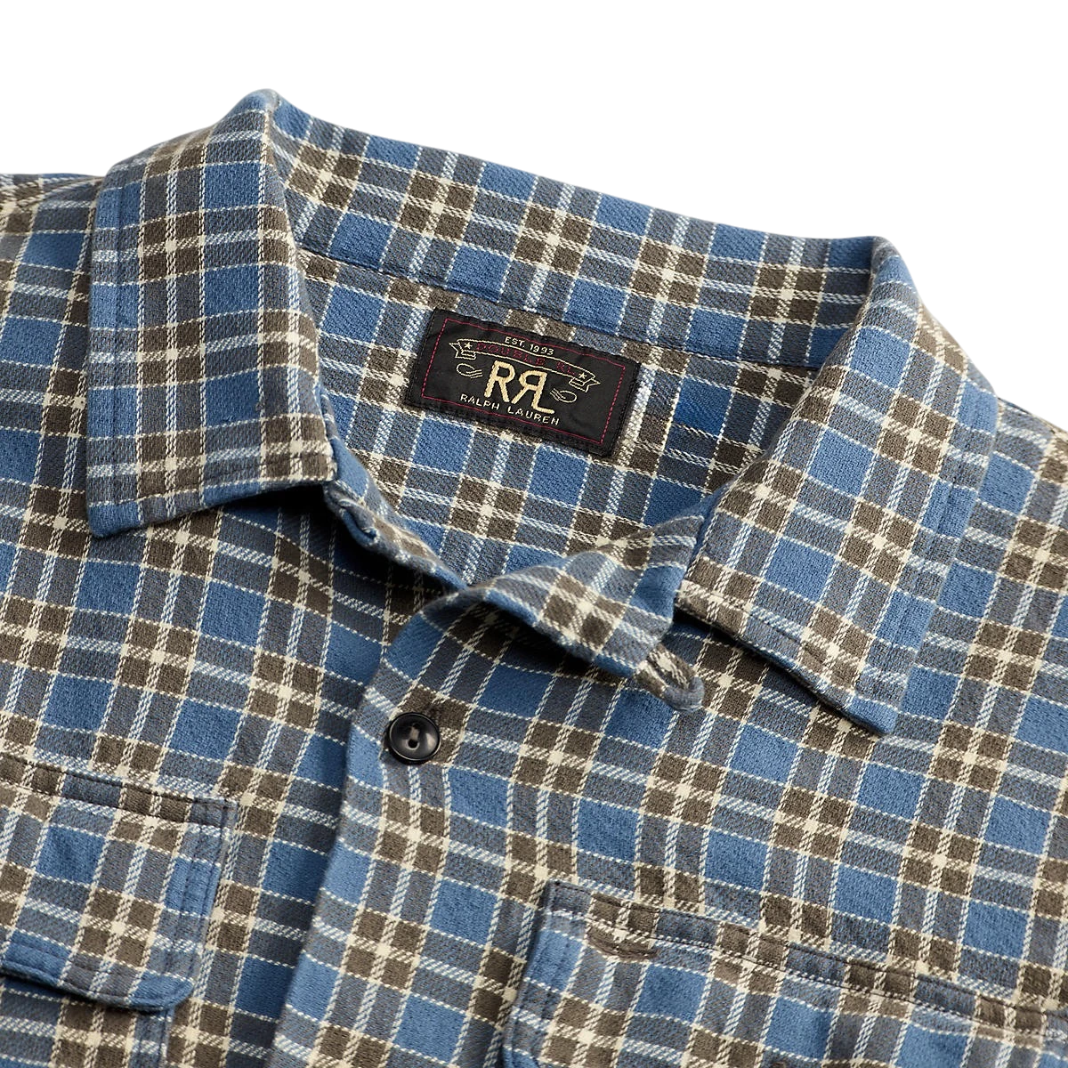 RRL blue and grey plaid heavyweight cotton twill camp shirt with a buttoned collar and chest pockets.