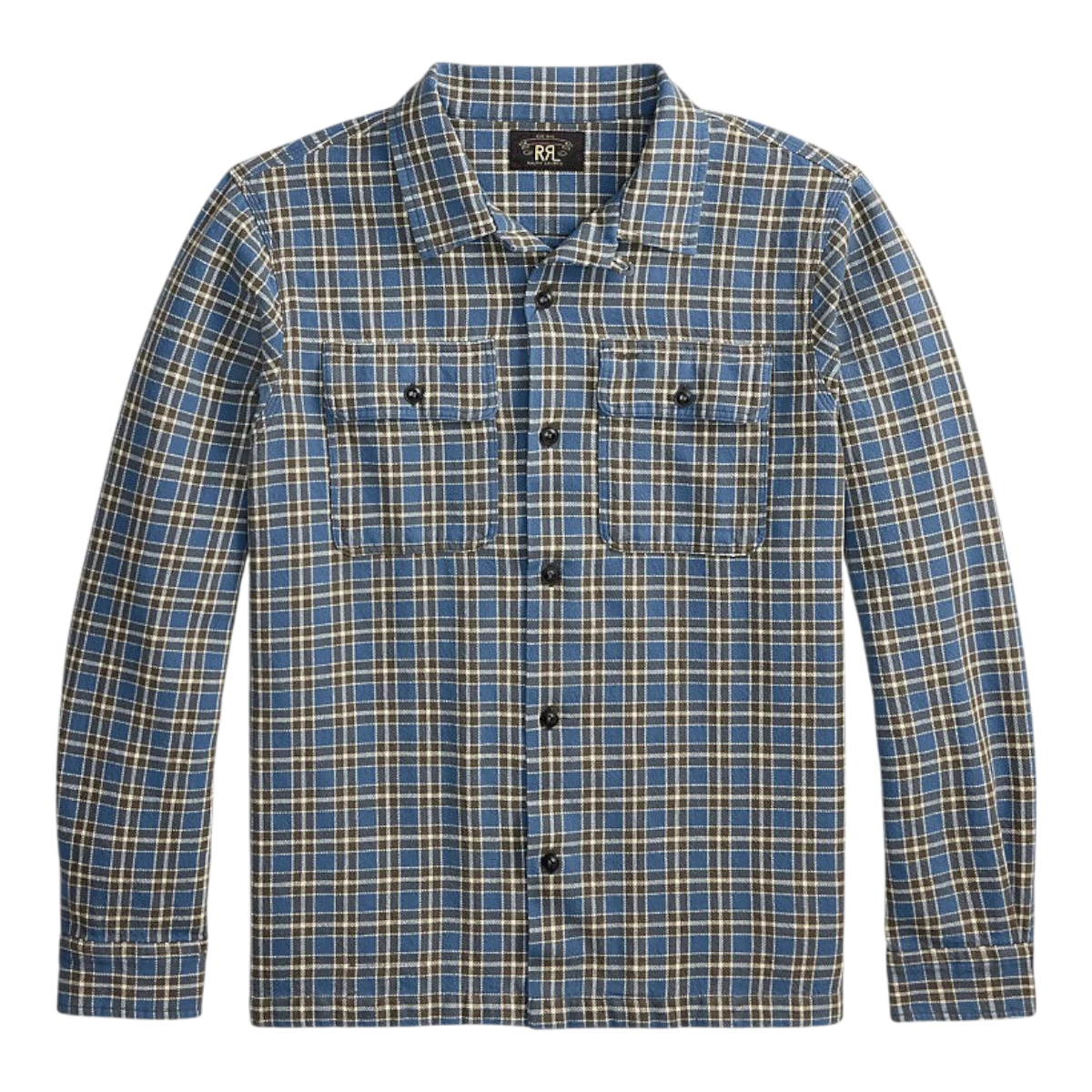 RRL blue and grey plaid heavyweight cotton twill camp shirt with two chest pockets and buttoned cuffs.
