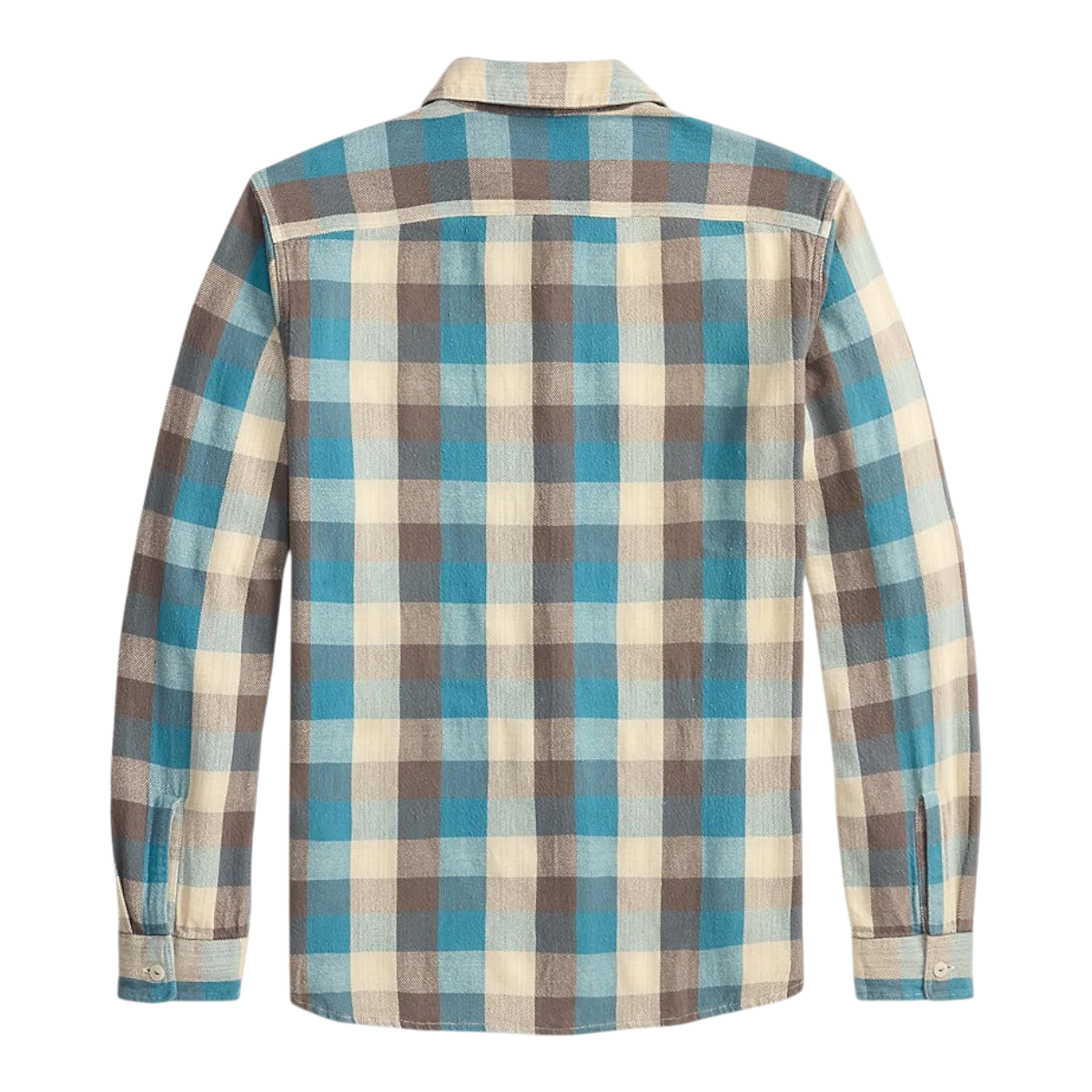 Back view of a RRL blue and white plaid cotton twill workshirt with long sleeves and buttoned cuffs.