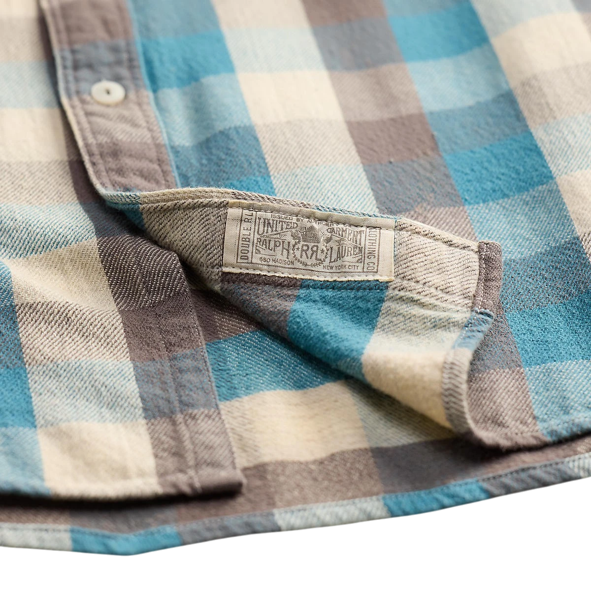 RRL blue and white plaid cotton twill workshirt featuring a vintage-inspired Double RL interior neck label