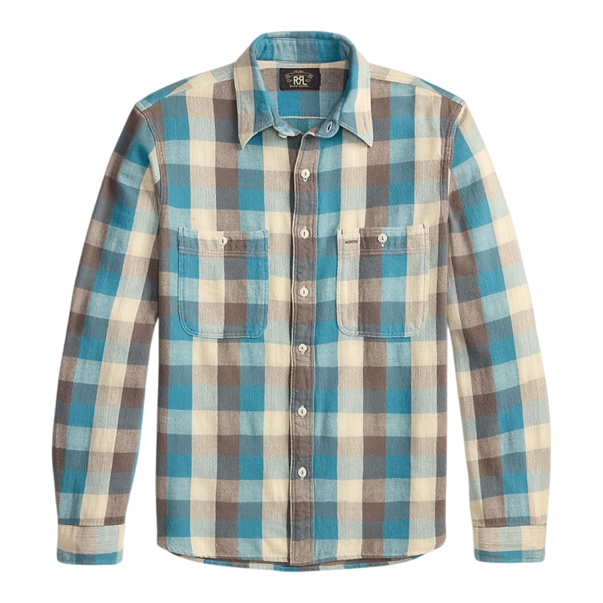RRL blue and white plaid cotton twill workshirt with two chest pockets and vintage-inspired chain-stitched seams.