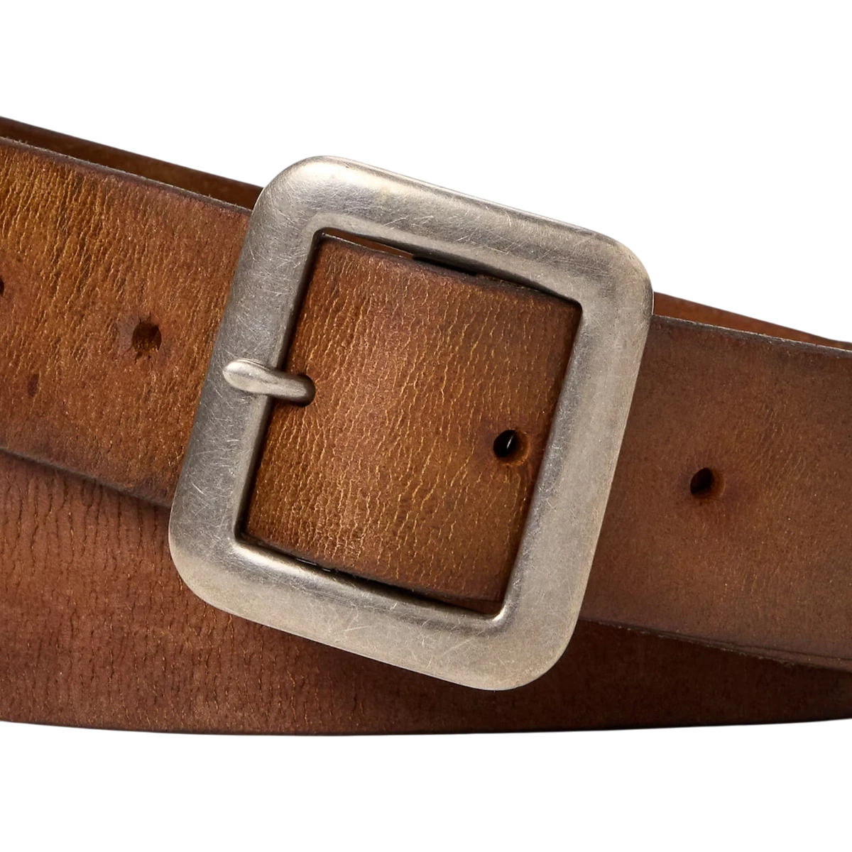 RRL mid brown hand-burnished vegetable-tanned leather belt with a custom silver-tone single-prong buckle.