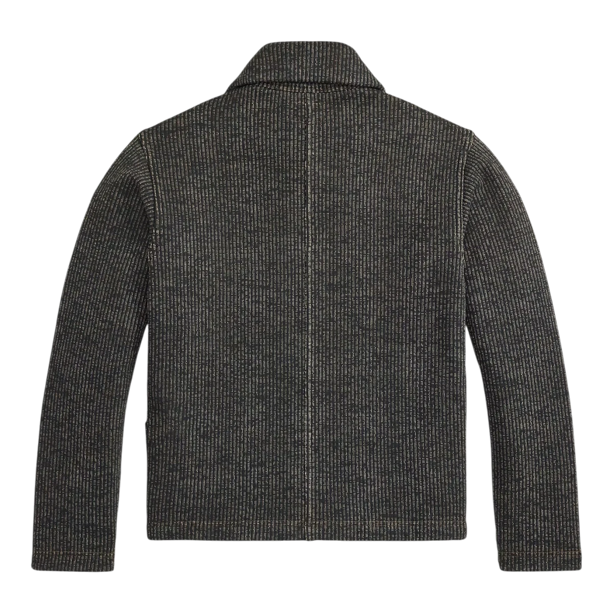Back view of RRL charcoal multi cotton-blend fleece work jacket with a roll-top collar and textured finish.