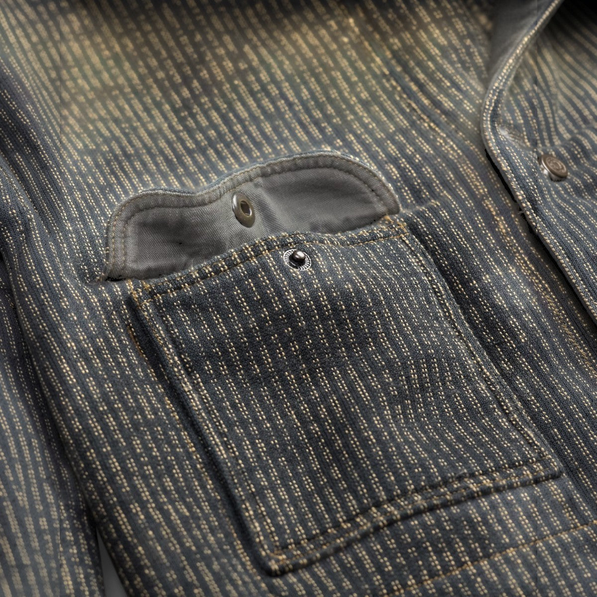 RRL charcoal multi-colored cotton-blend fleece work jacket featuring a snapped chest pocket and metal hardware.