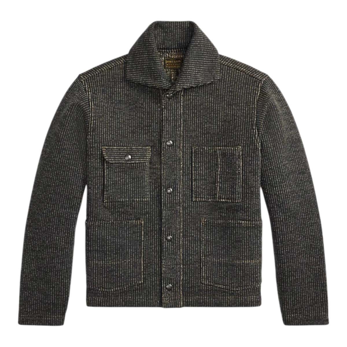 RRL charcoal multi cotton-blend fleece work jacket with roll-top collar, four front pockets, and metal snaps.
