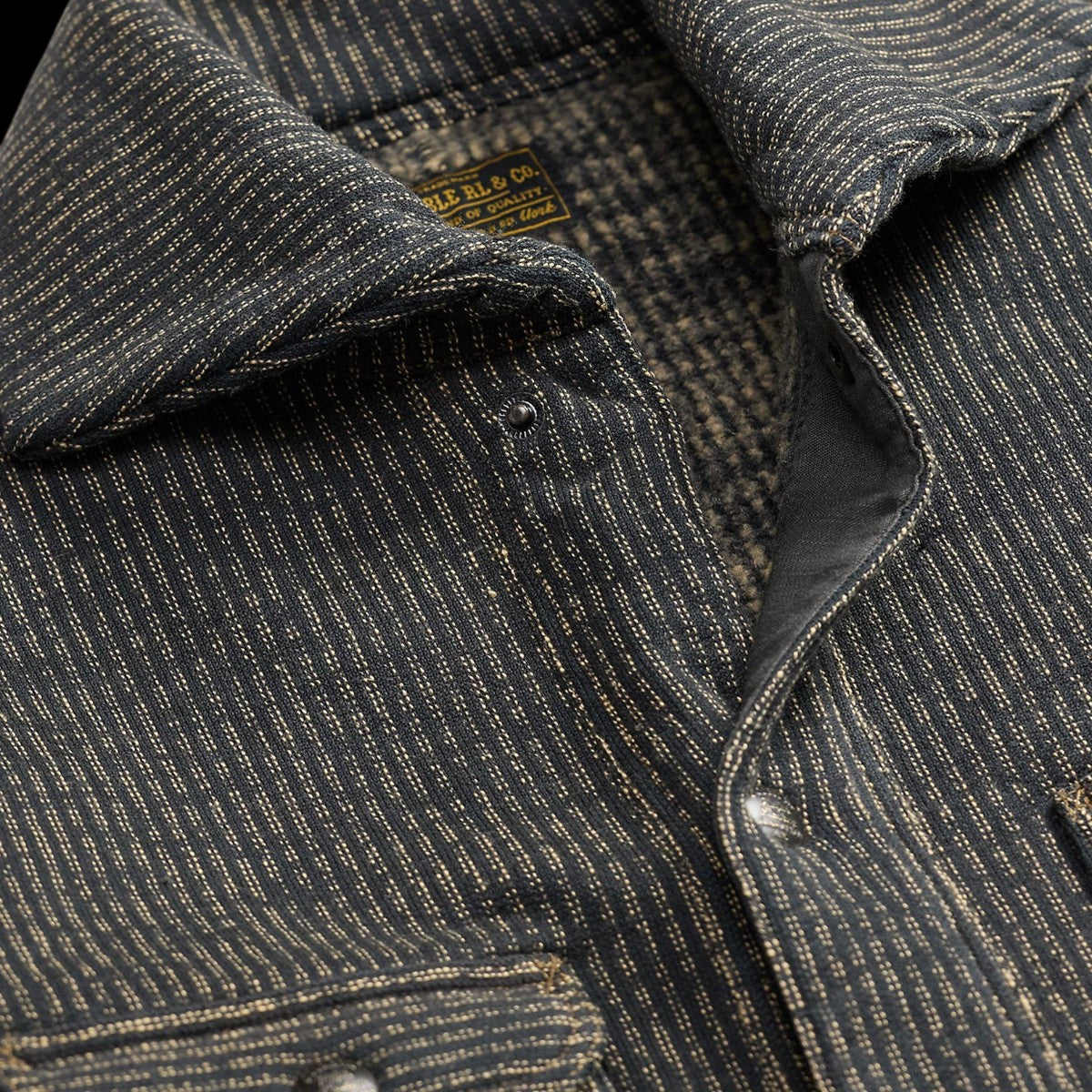 RRL charcoal multi-striped cotton-blend fleece work jacket with roll-top collar and metal snap buttons