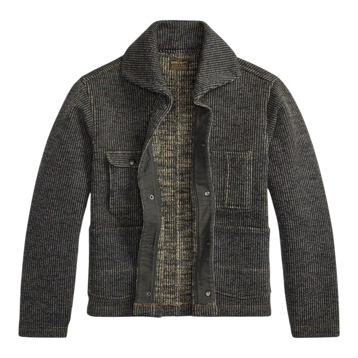 RRL vintage-inspired charcoal multi cotton-blend fleece work jacket with roll-top collar and metal snap buttons.