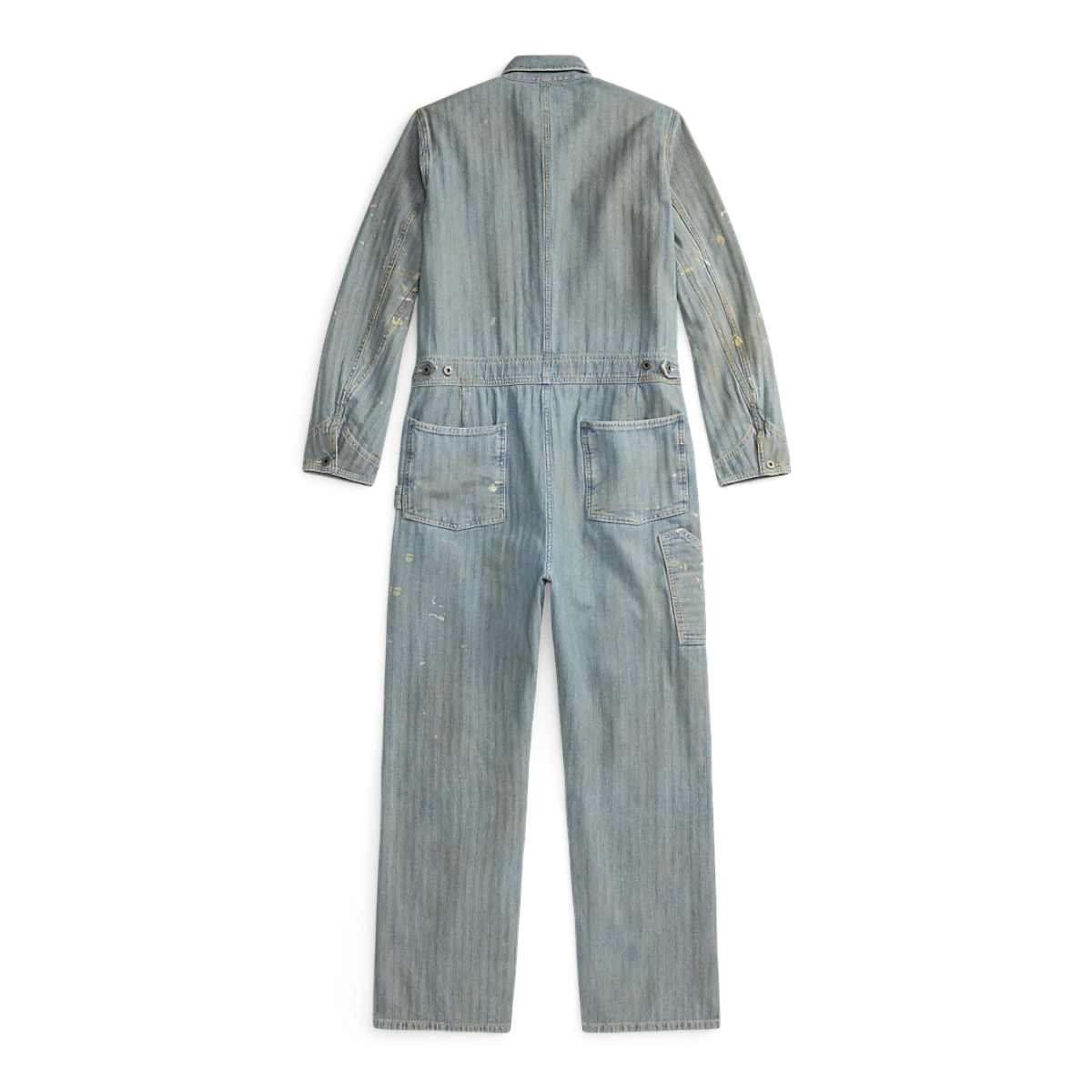 RRL distressed indigo herringbone cotton coverall with paint splatters and back patch pockets, back view.