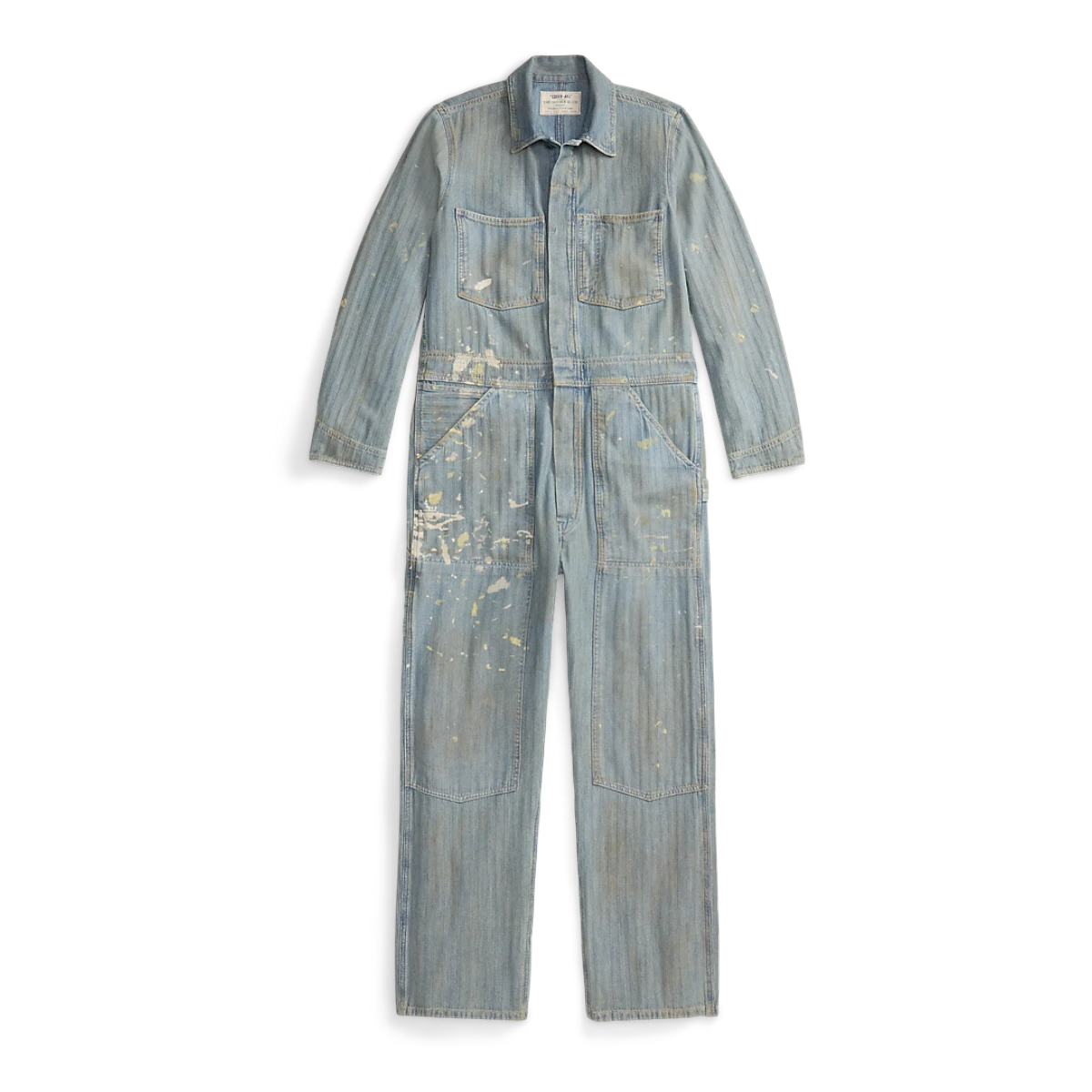 RRL distressed indigo herringbone cotton coverall with paint splatters, chest pockets, and reinforced knees.