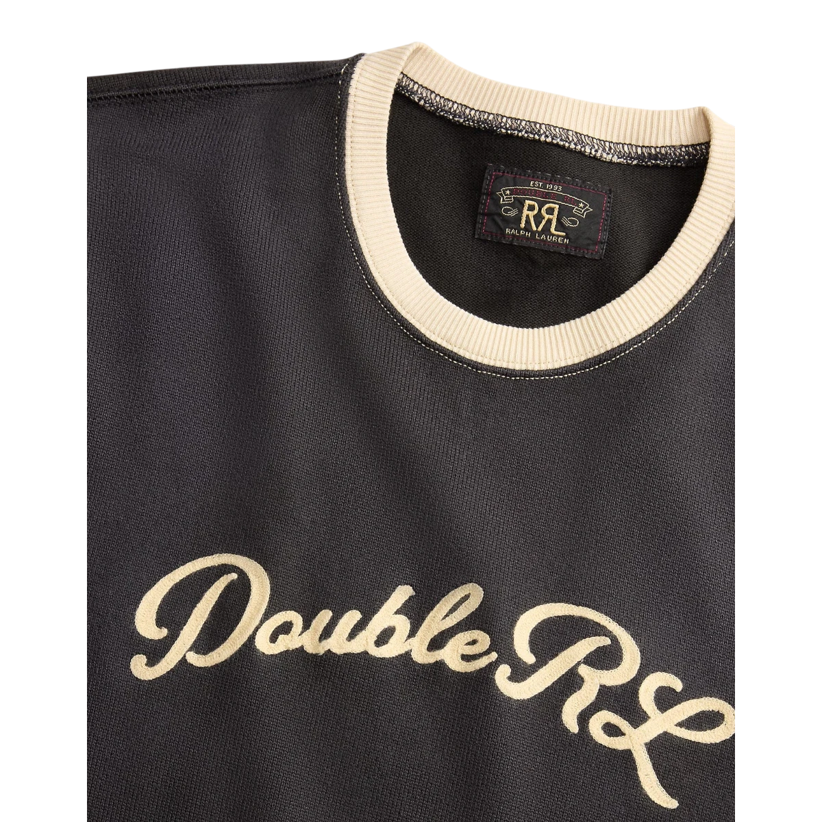 RRL faded black cotton jersey t-shirt with cream ribbed crewneck and chain-stitched Double RL logo embroidery