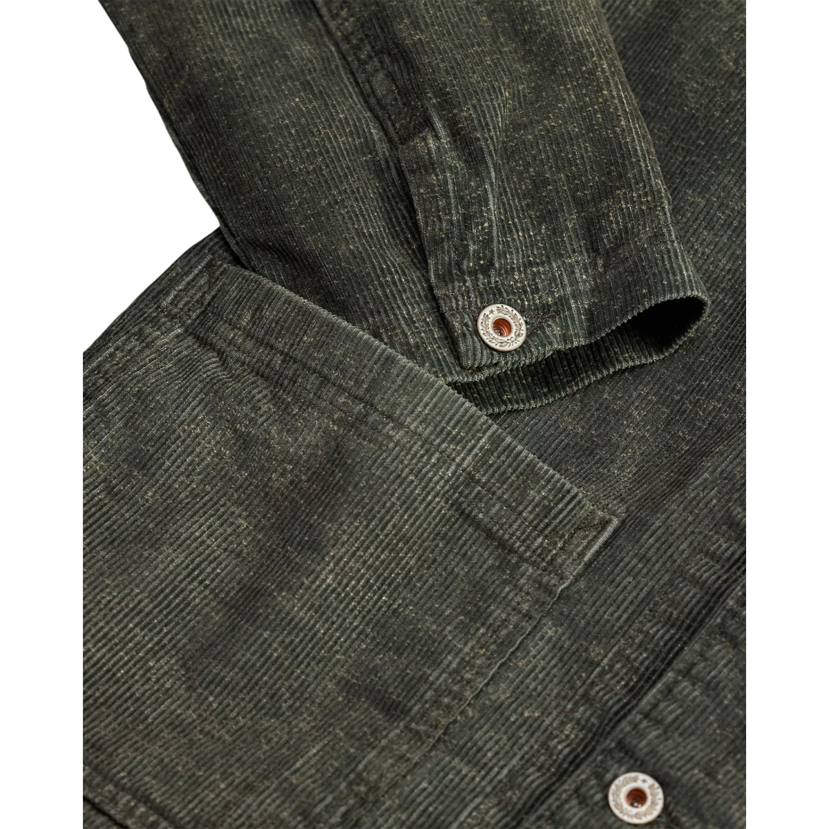 RRL vintage grey cotton corduroy shirt jacket with speckled discharge-printed texture and metal button detail.