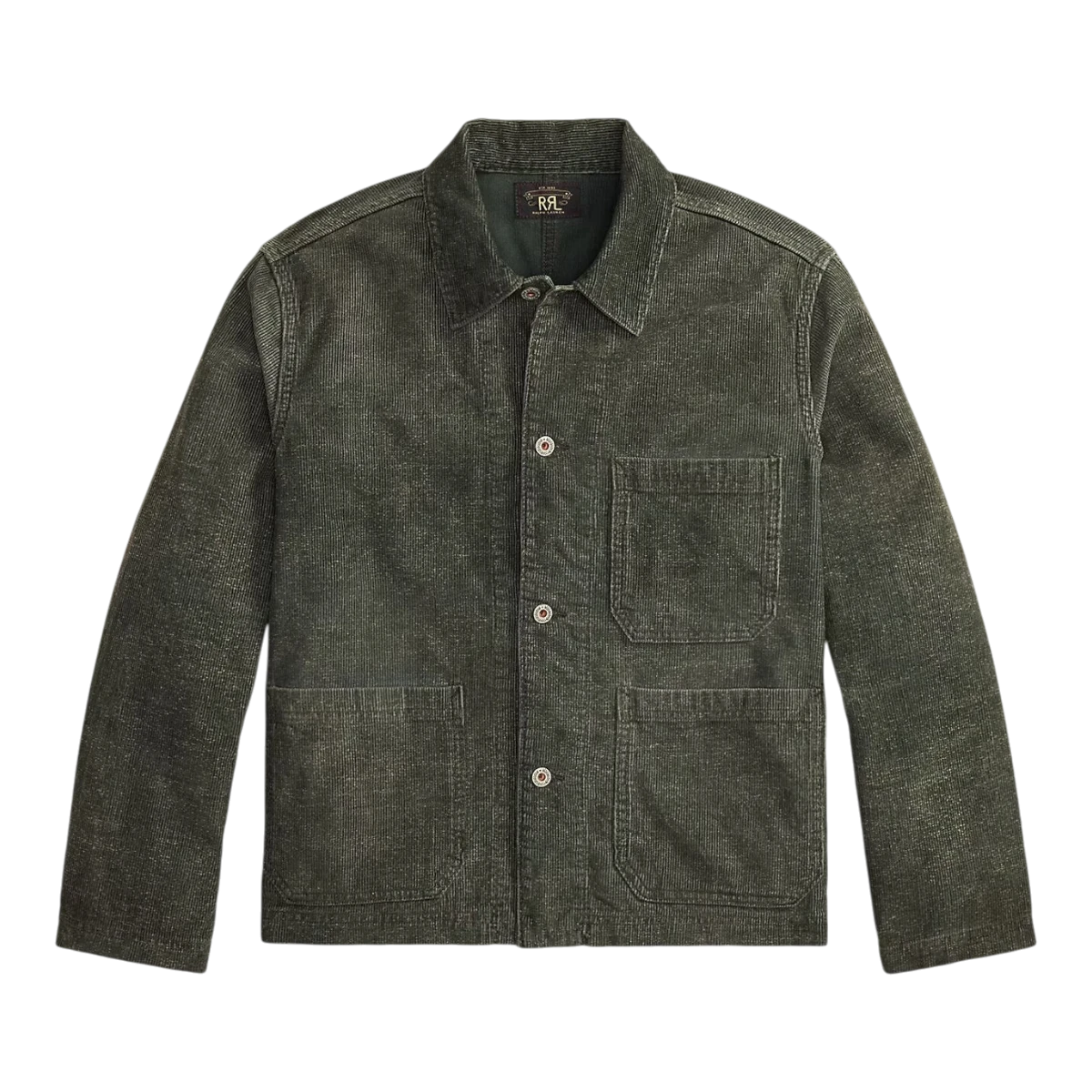 RRL vintage grey cotton corduroy shirt jacket with metal buttons and three patch pockets