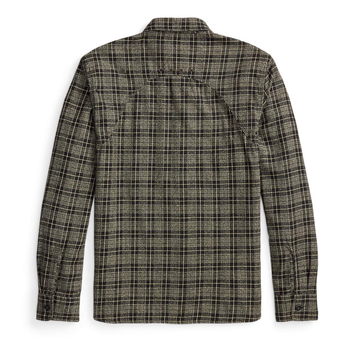 RRL grey and white plaid cotton twill workshirt featuring a vintage-inspired compass yoke back view