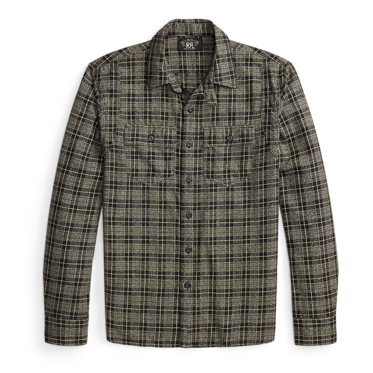 RRL grey and white plaid cotton twill workshirt with two buttoned chest pockets and vintage-inspired details.