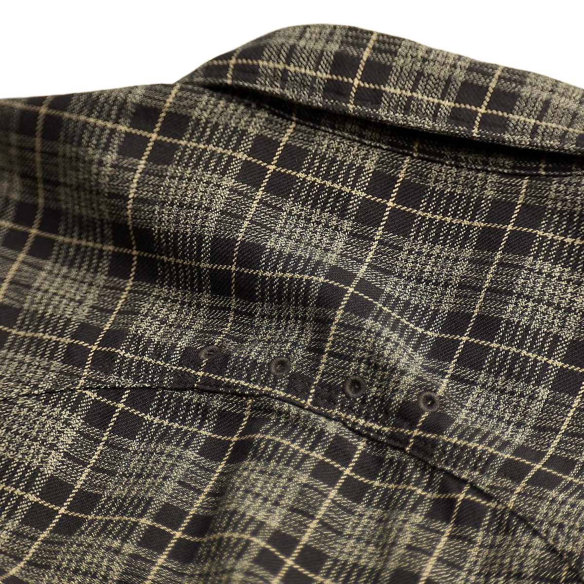RRL grey and white plaid cotton twill workshirt featuring a compass yoke and ventilating eyelets
