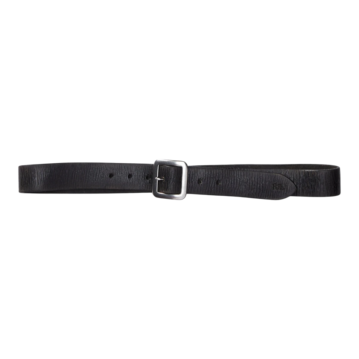 RRL hand-burnished black vegetable-tanned leather belt with a custom single-prong buckle and RL-debossed tip.