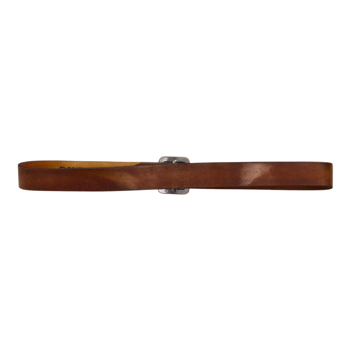 RRL mid brown hand-burnished vegetable-tanned leather belt with a single-prong buckle, top-down view.