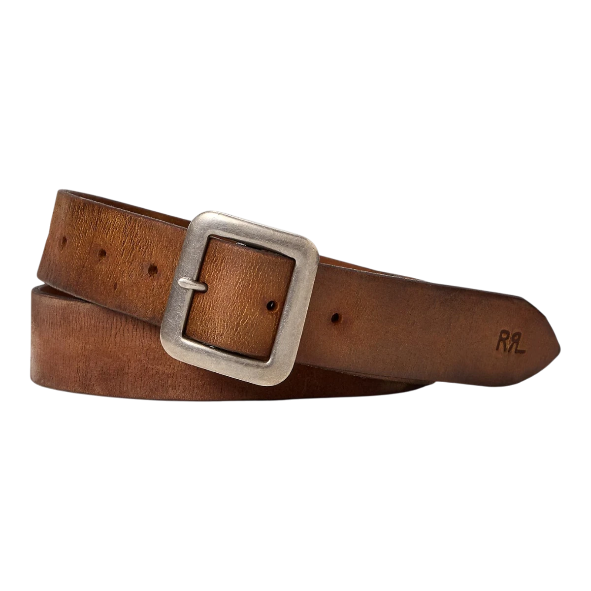 RRL mid-brown vegetable-tanned leather belt with hand-burnished finish and custom single-prong buckle
