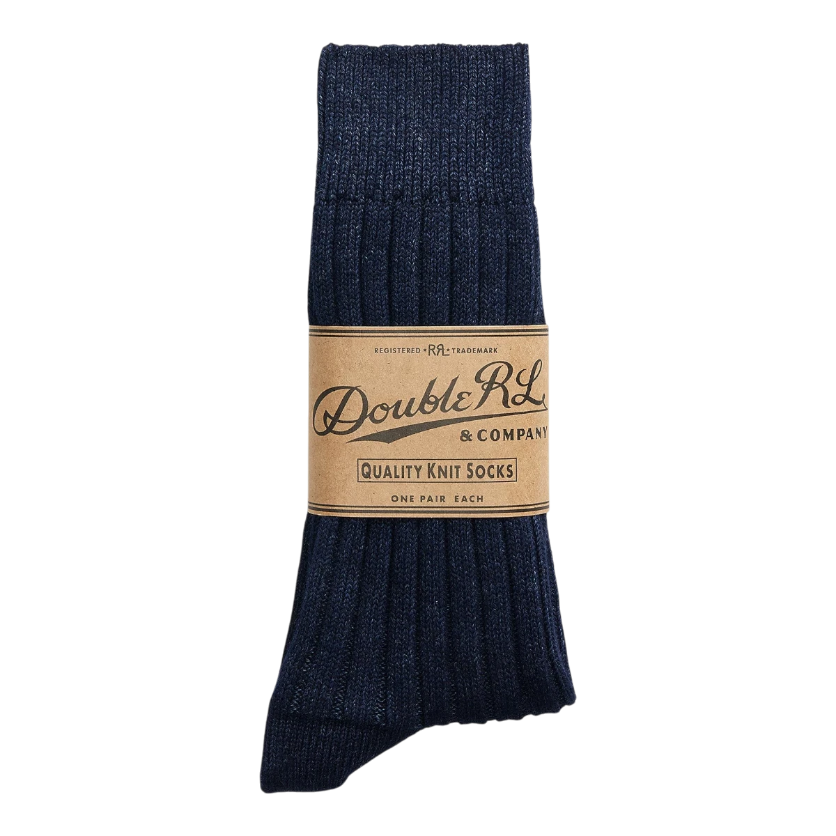RRL indigo stretch cotton-blend crew socks with ribbed cuffs and Double RL branding on the paper label.