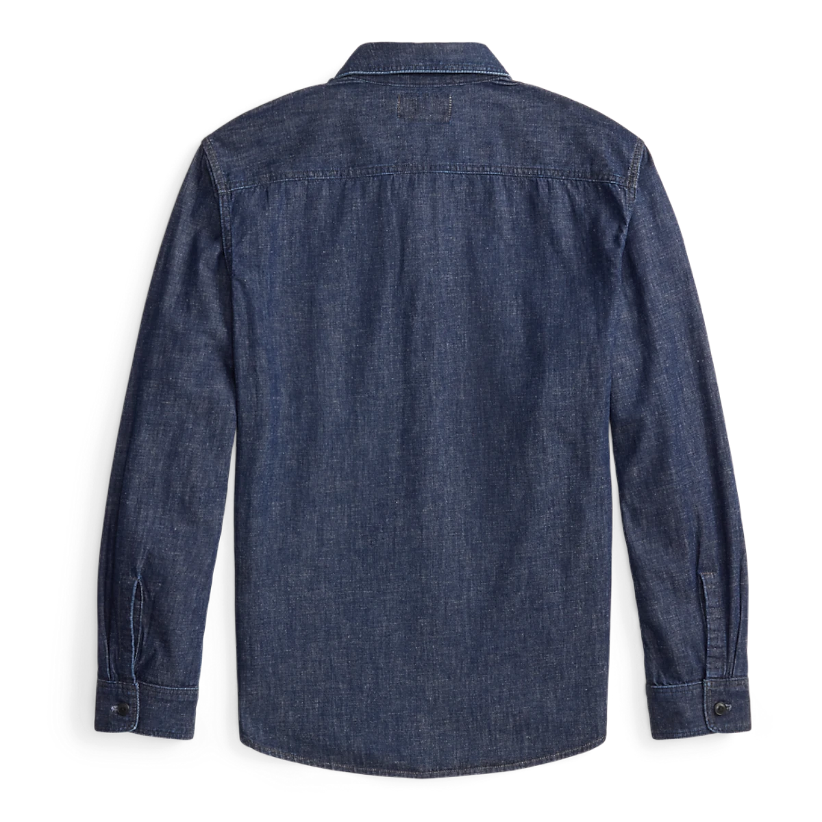 Back view of a RRL indigo rinse denim workshirt with long sleeves and a classic collar.