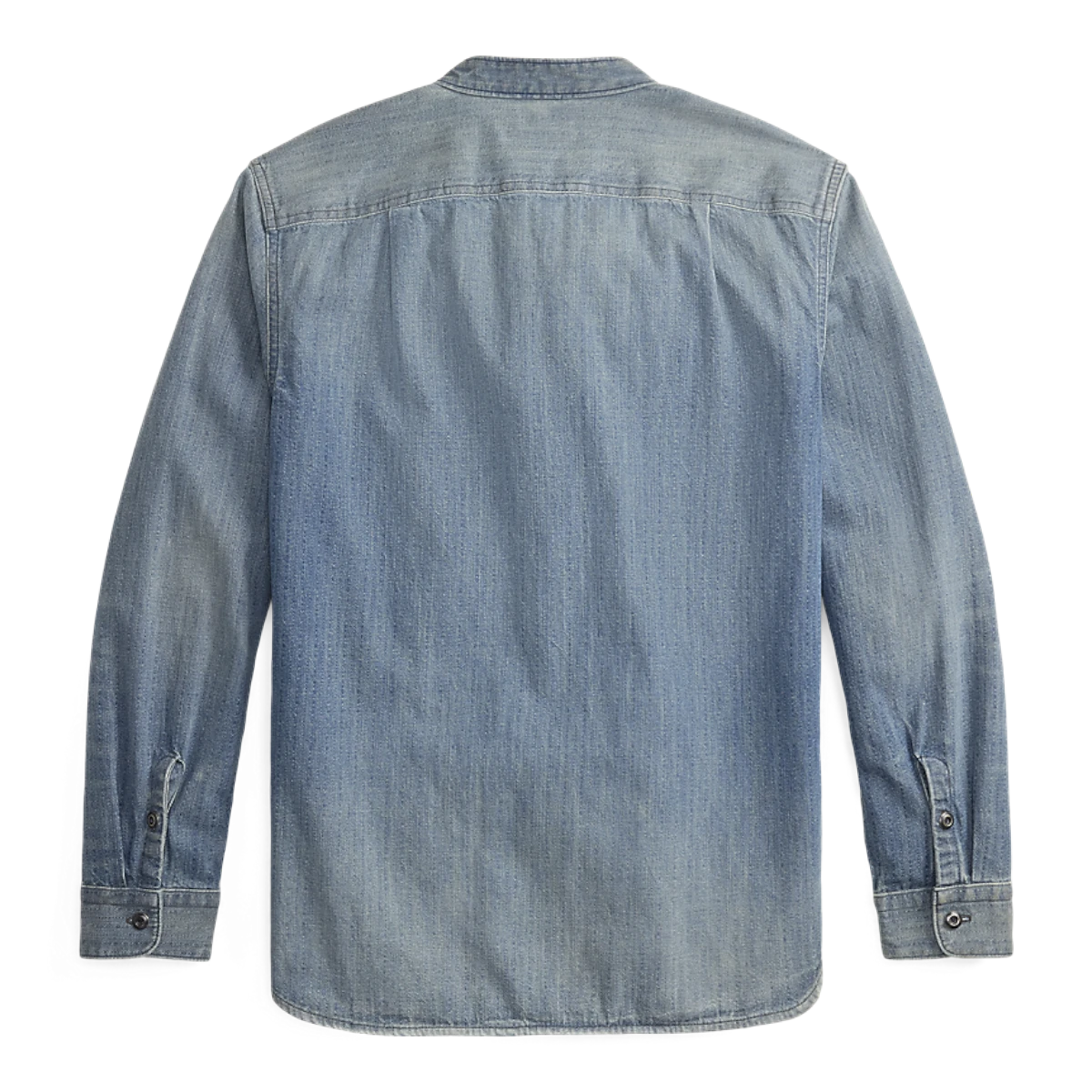 Back view of RRL indigo cotton denim workshirt with a faded herringbone pattern and band collar.