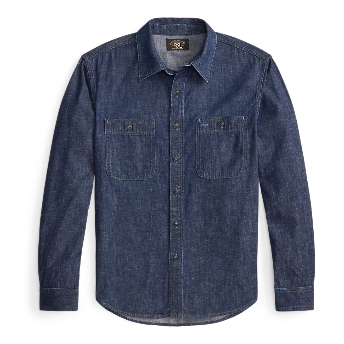 RRL indigo denim workshirt with two chest pockets, vintage buttons, and relaxed fit in 100% cotton.