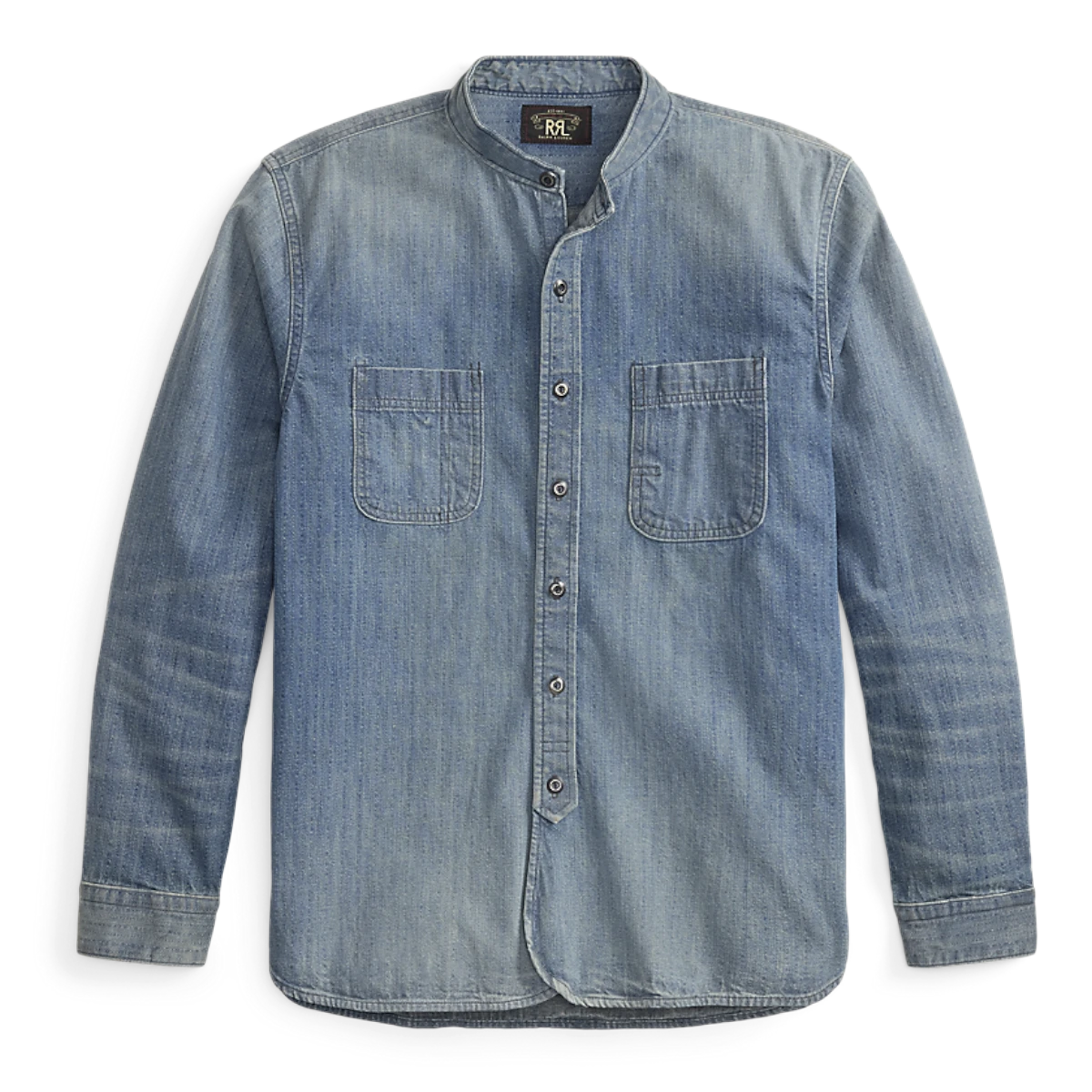 RRL indigo cotton denim workshirt with band collar, herringbone pattern, and asymmetrical chest pockets.